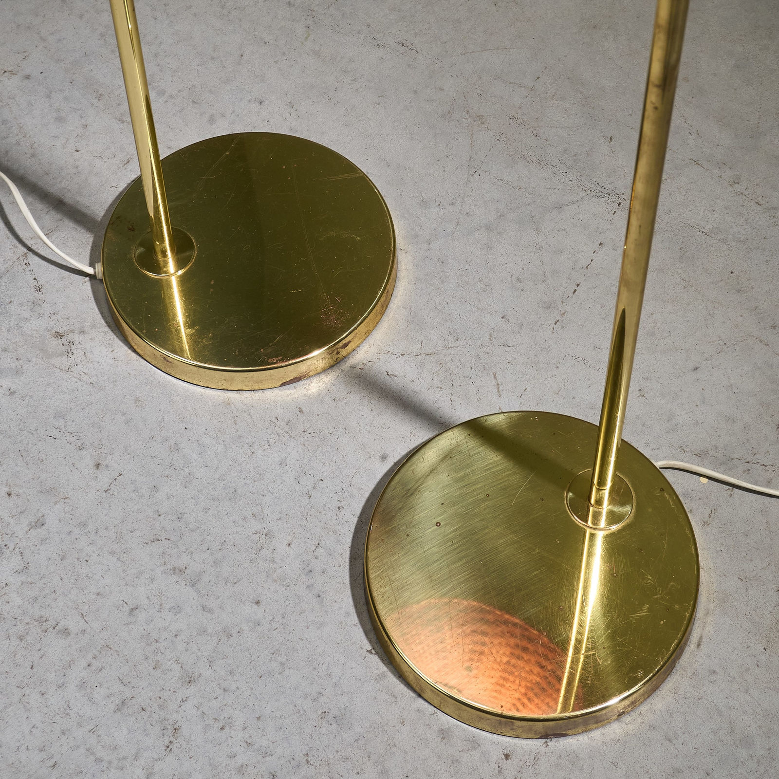 Bergboms, Pair of Floor Lamps with Rattan Shade and Curved Brass Stem, Sweden, 1960s