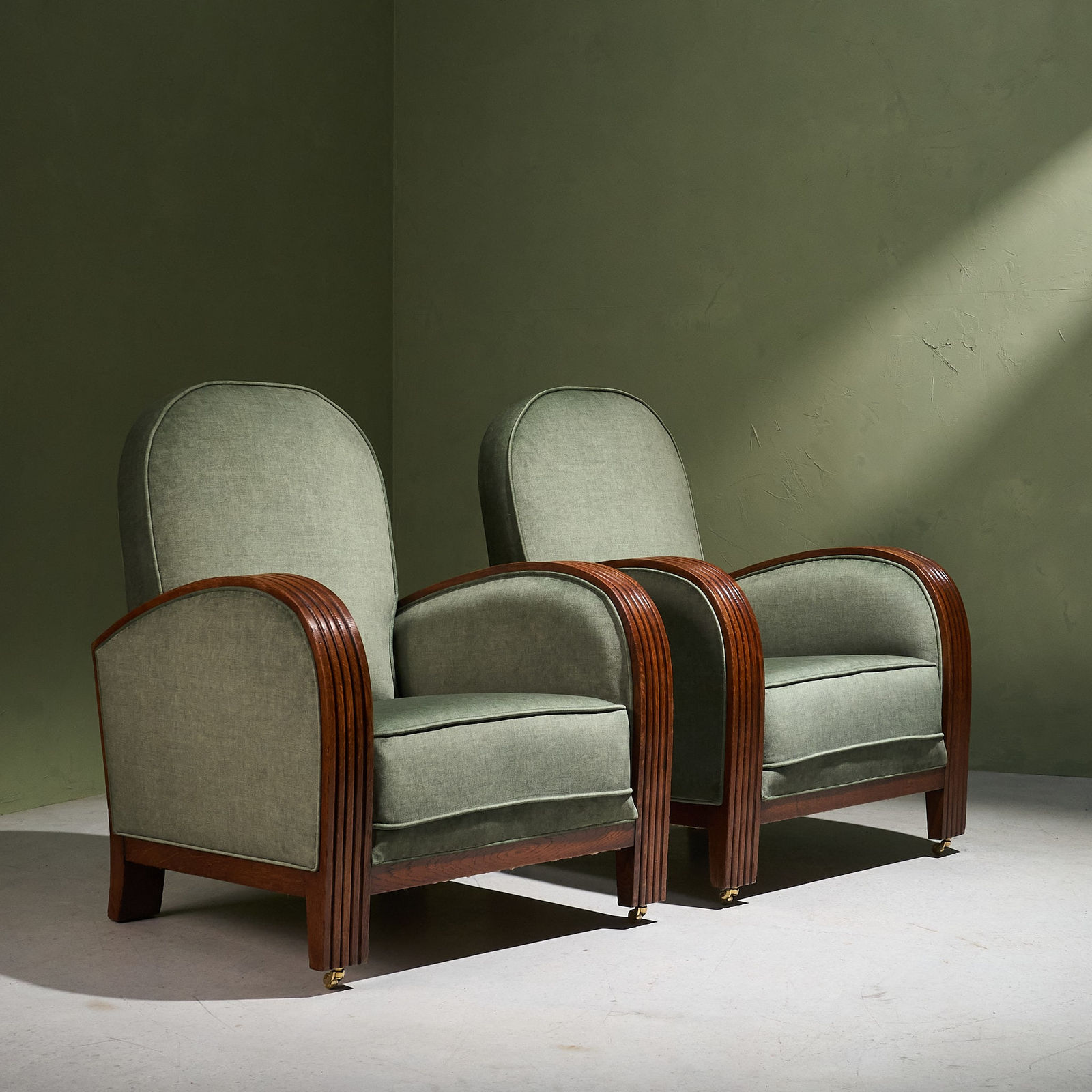 Pair of Art Deco Lounge Chairs in Sage Upholstery and Solid Oak Frame, The Netherlands, 1930s