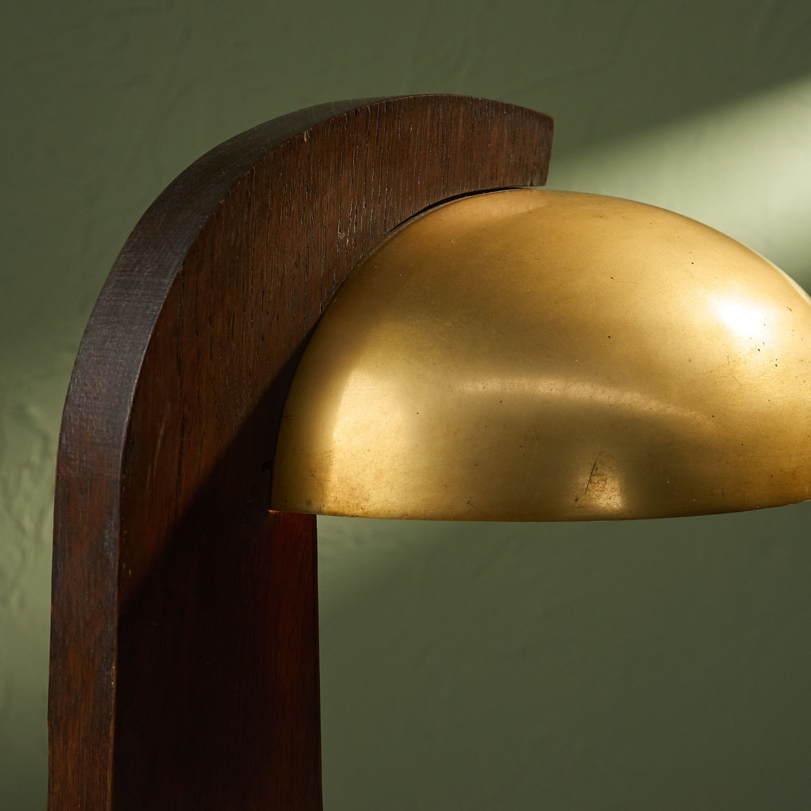 Modernist Table Lamp with Solid Oak Base and Brass Shade, France, 1930