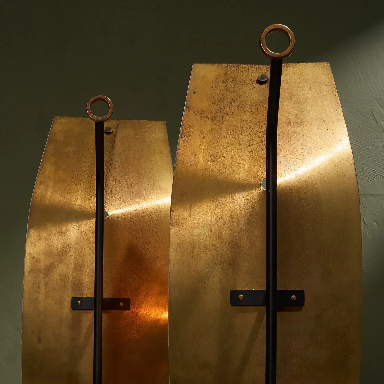 Gastone Colliva, Pair of Sculptural Table/Wall Lamps In Brass and Perforated Metal, Italy, 1950s