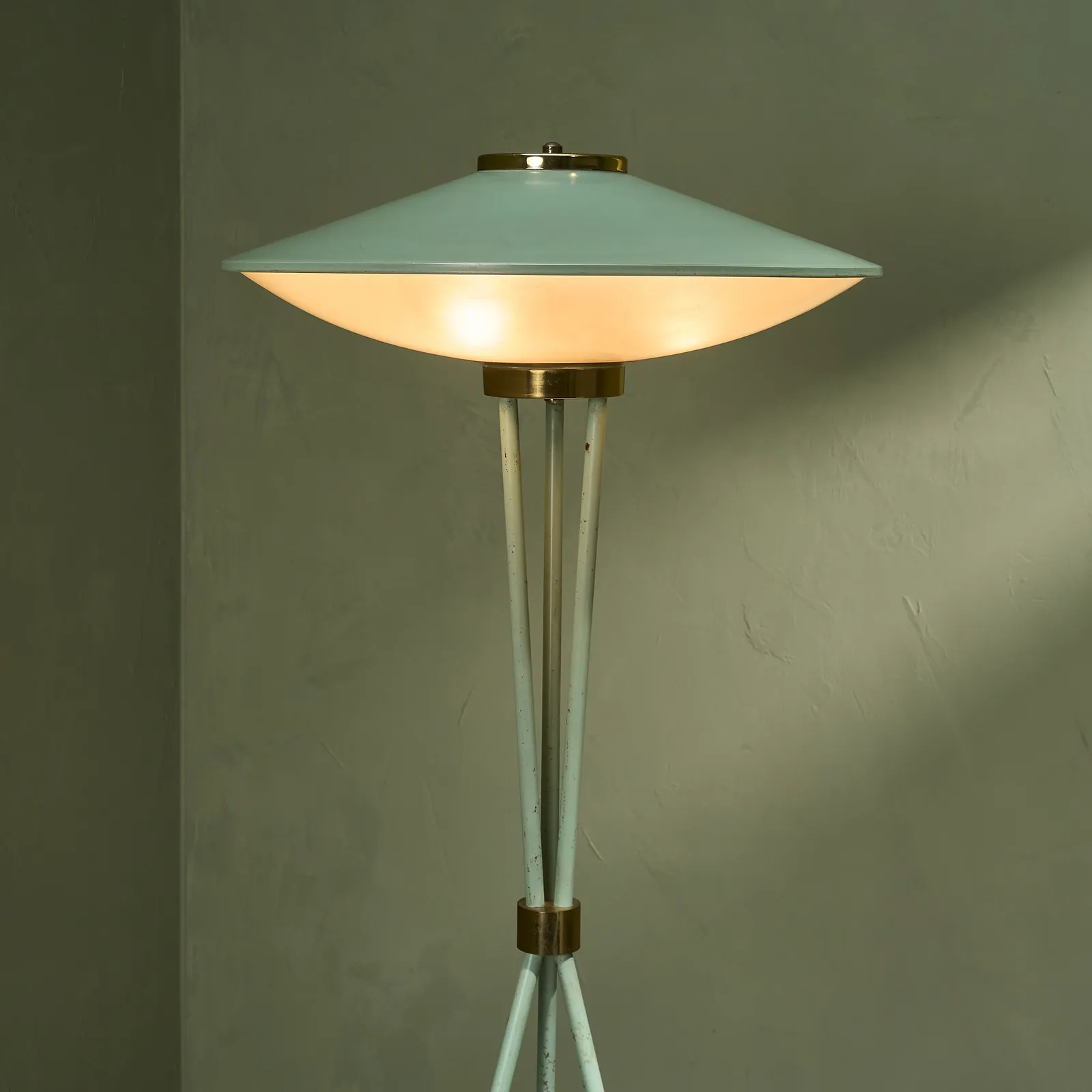 Stilnovo, Sage Green Lacquered Floor Lamp with Brass Details, Italy, Circa 1955