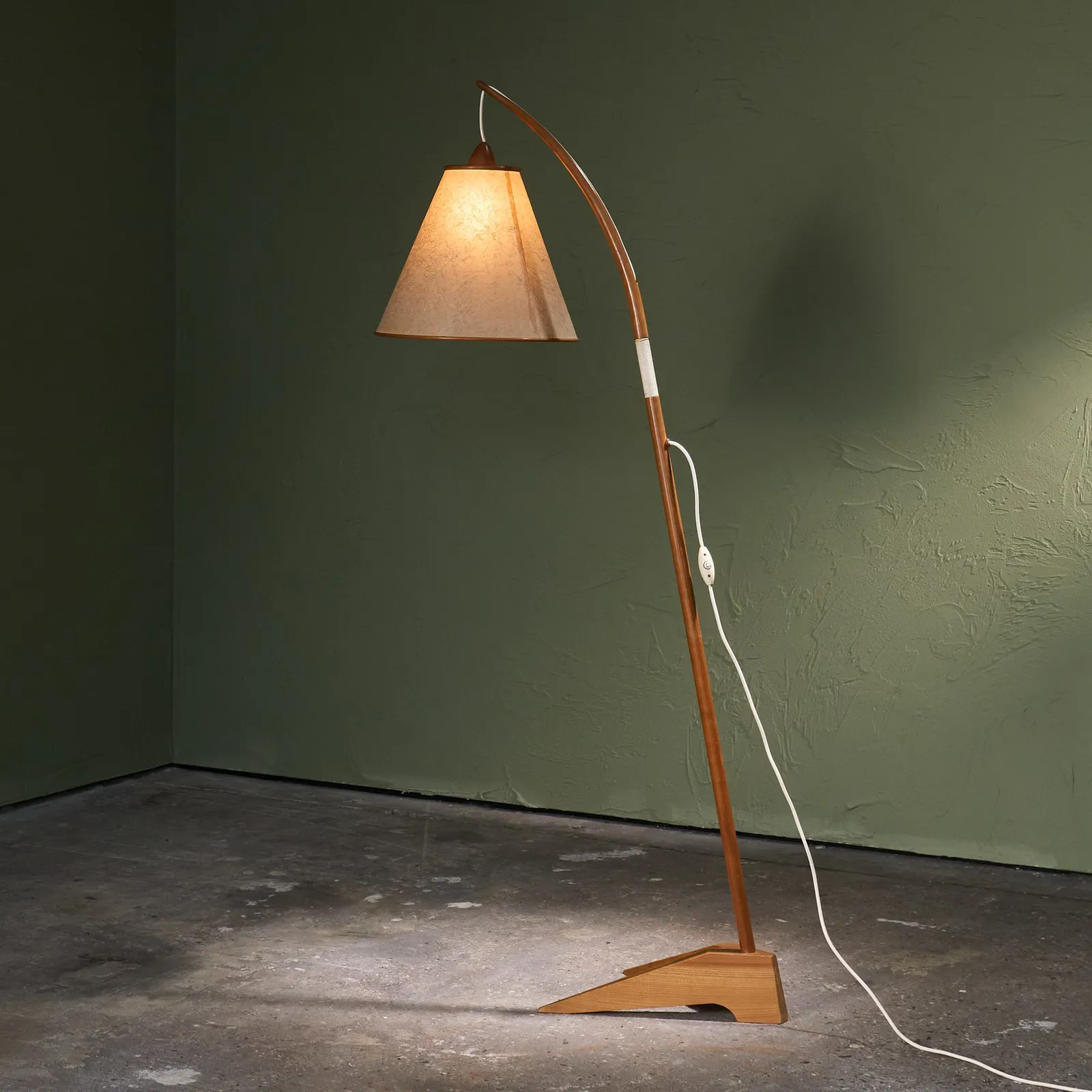 Floor Lamp with Wooden Stem and Fiberglass Shade, Scandinavian, 1950s