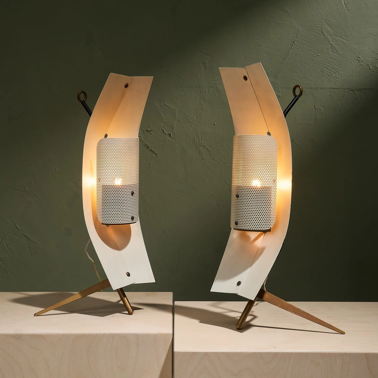 Gastone Colliva, Pair of Sculptural Table/Wall Lamps In Brass and Perforated Metal, Italy, 1950s