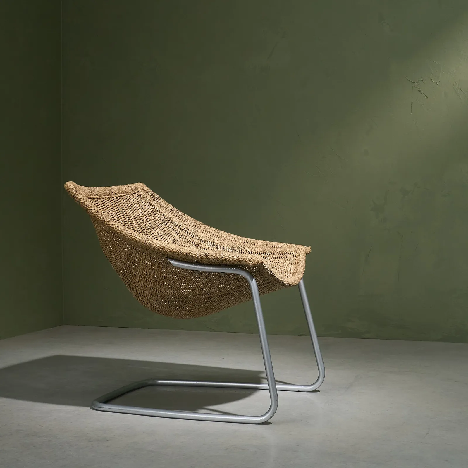 Cantilever Tubular Lounge Chair with Sisal Webbing, The Netherlands, circa 1950s