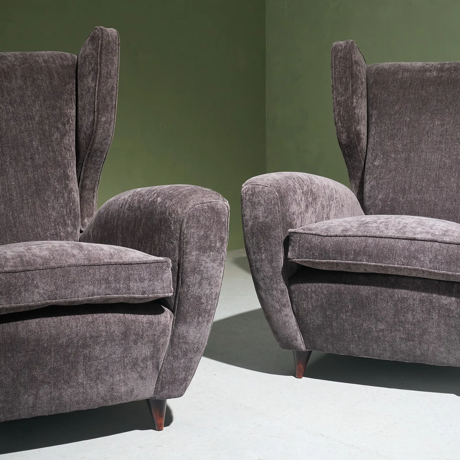 Melchiorre Bega, Pair of Reupholstered Lounge Chairs, Charcoal Dedar 'Belsuede' fabric, Italy, 1950s