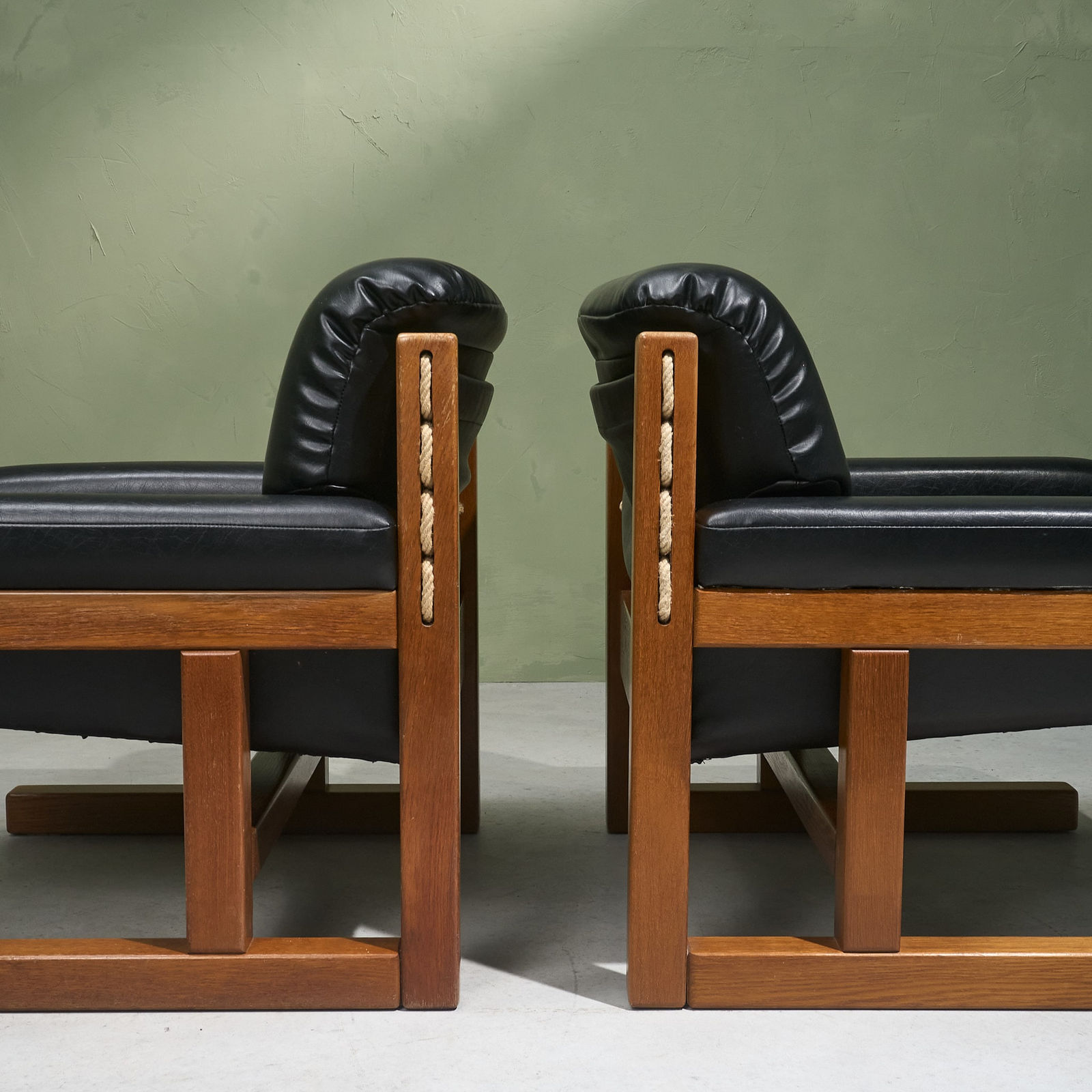 Cubist Lounge Chairs in Stained Solid Oak and Black Upholstery, Europe, 1970s