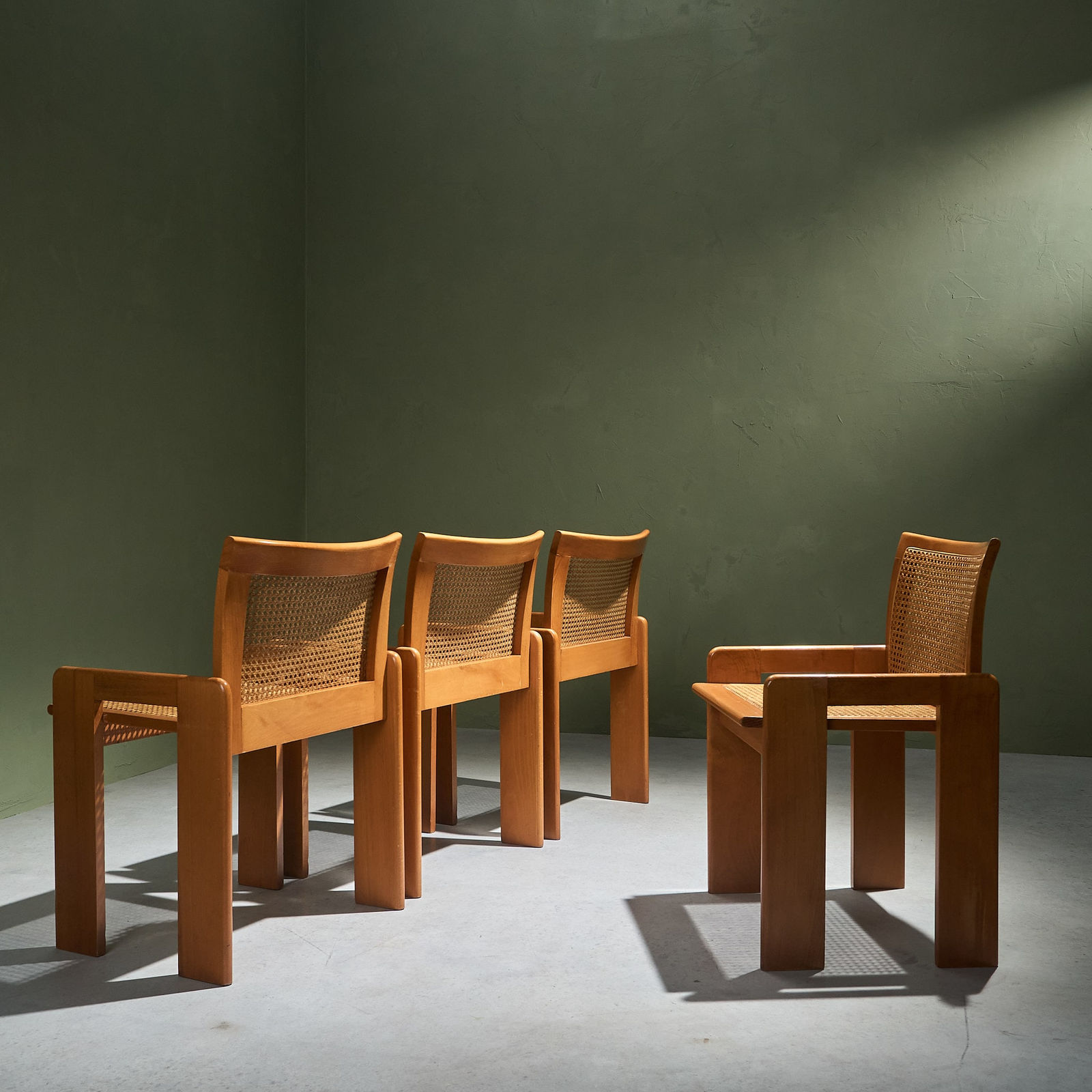 Luigi Saccardo, Set of 4 Dining Chairs in Stained Beech and Cane, 1970s