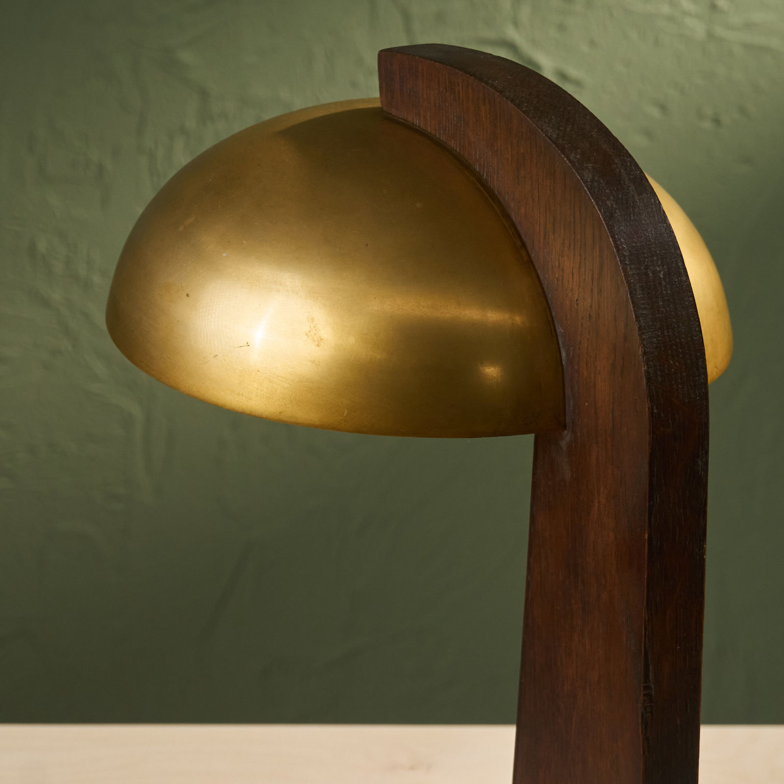 Modernist Table Lamp with Solid Oak Base and Brass Shade, France, 1930