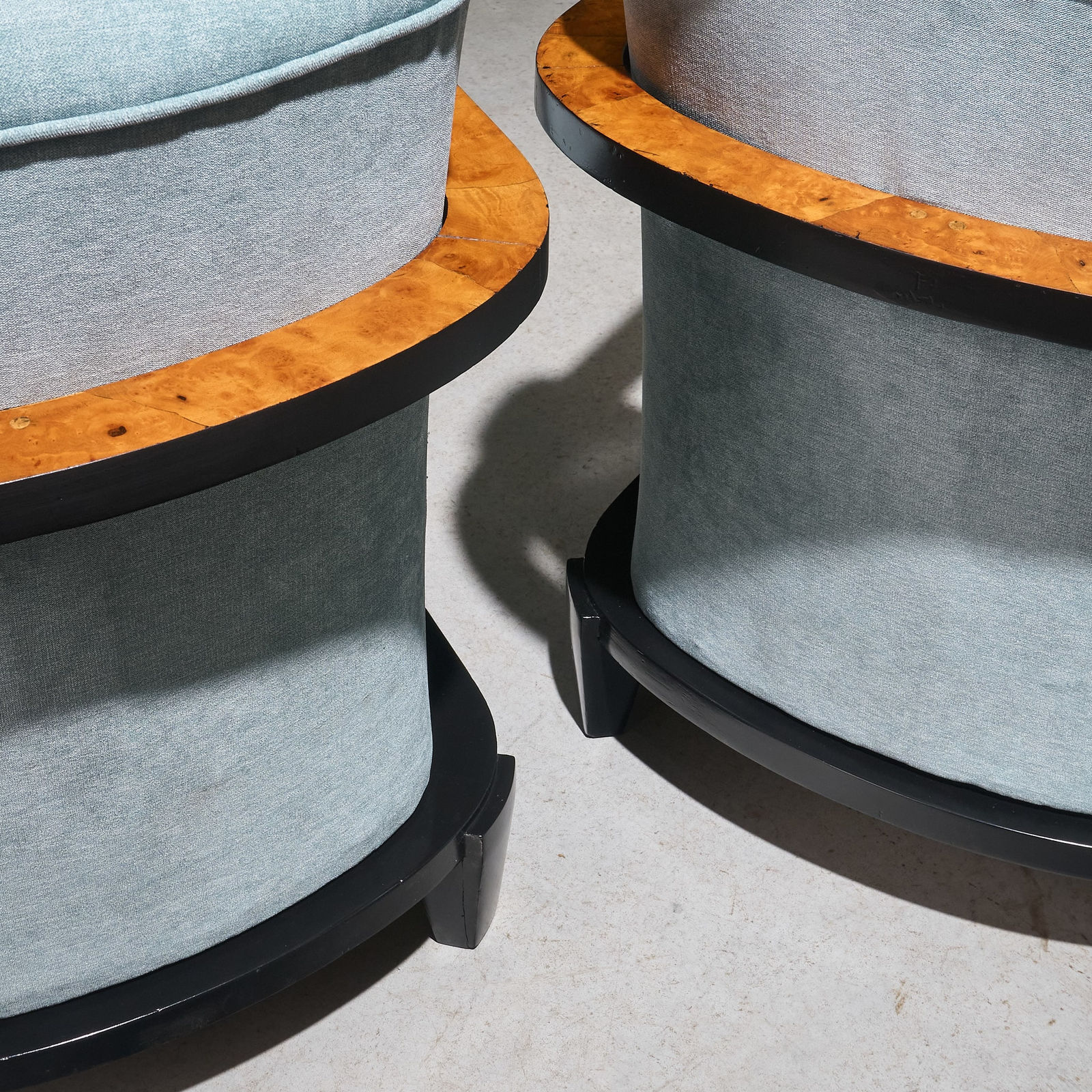 Pair of Art Deco Lounge Chairs with Burlwood and Ebonized Frame, Italy, 1940s