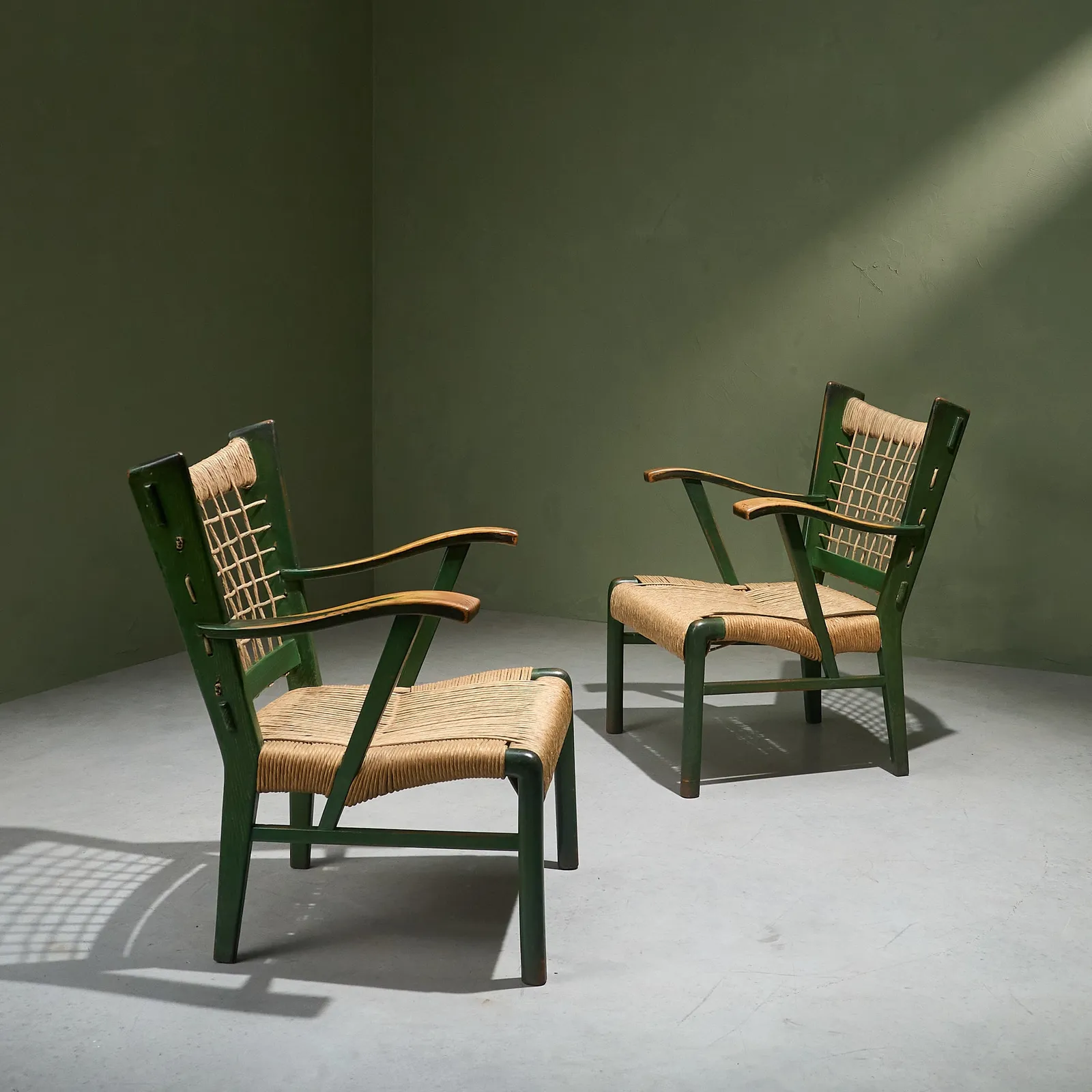 Pair of Green Lacquered Chestnut and Papercord Arm Chairs, Italy, Late 1930's