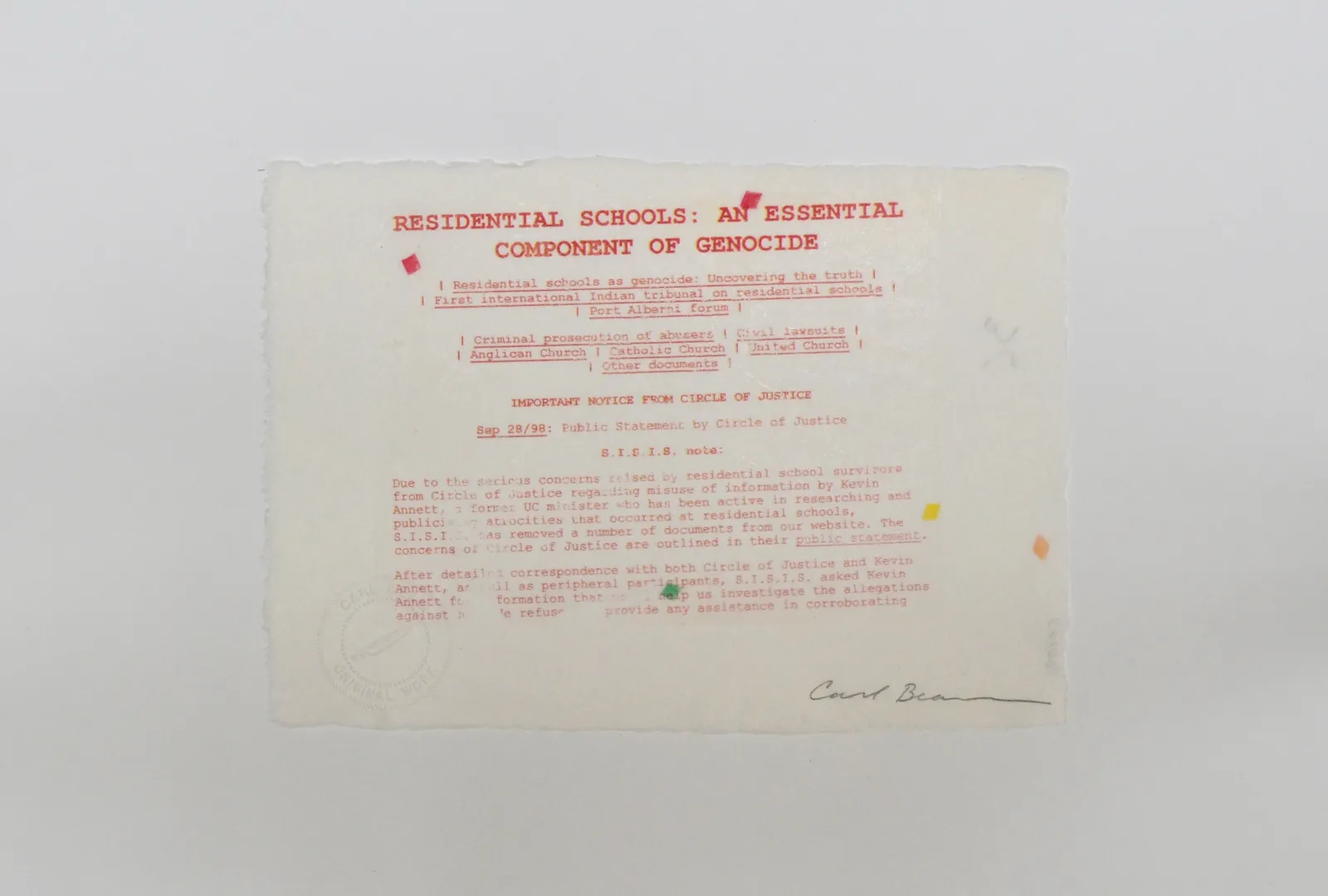 Carl Beam, Residential Schools: An Essential Component of Genocide, c. 1998