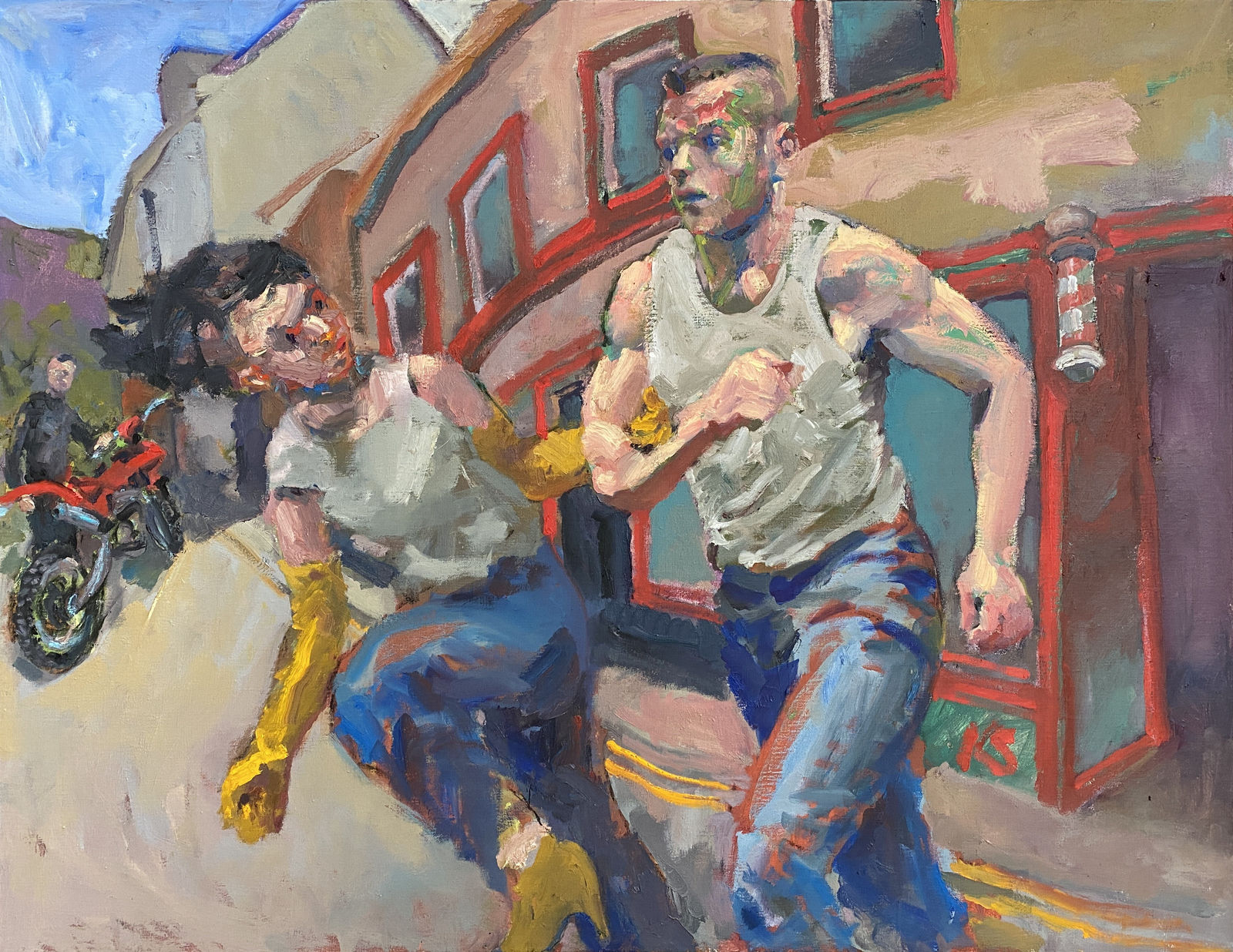 Kevin Sinnott, Crossing the Road with the Barber for a drink at the Prince of Wales, 2024
