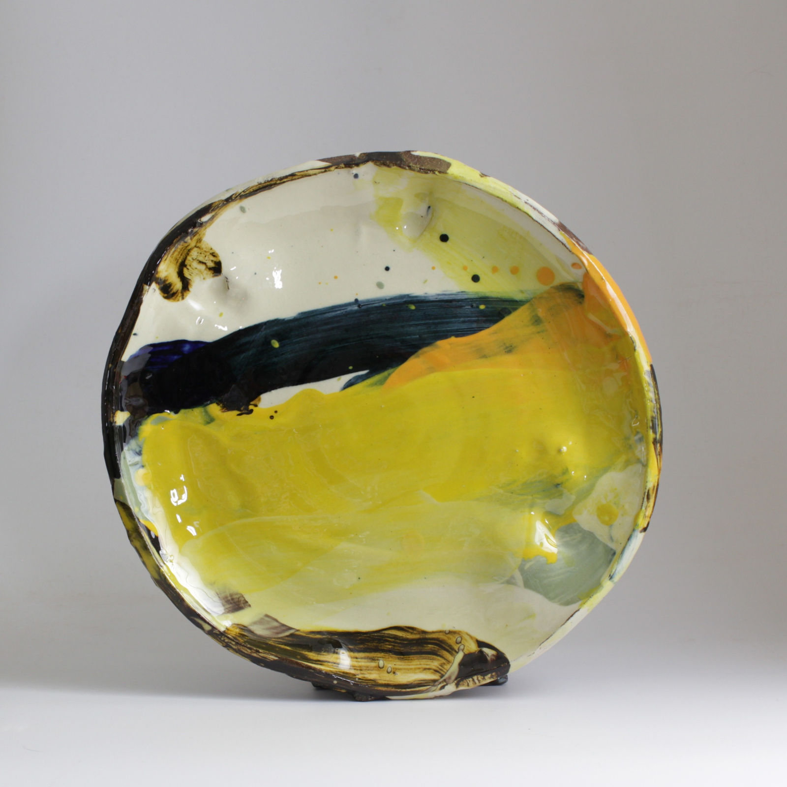 Barry Stedman, Thrown Altered Platter with Yellow & Blue, 2025