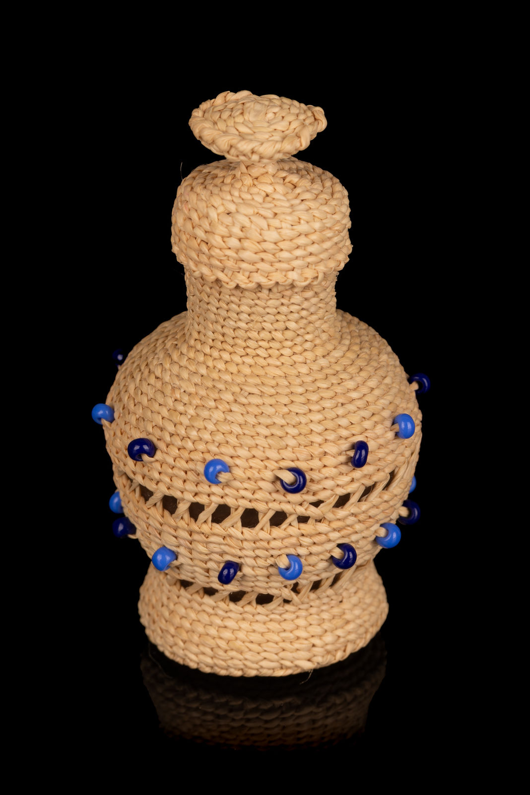 UNIDENTIFIED UNANGAX̂ (ALEUT) ARTIST, Basketry Wove Glass Bottle with Alternating Blue Beads, 1980s / 90s
