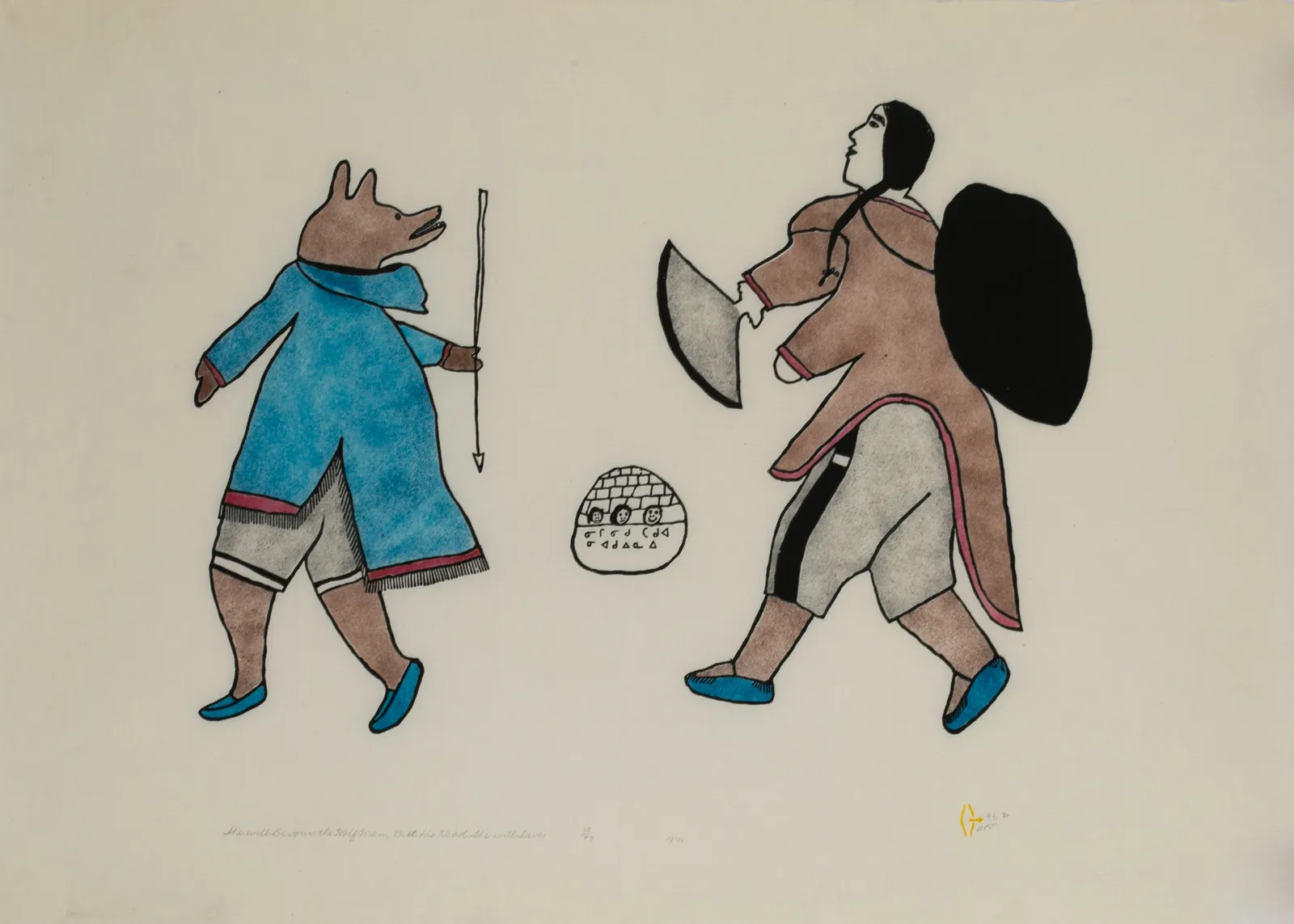 MARY QAIQSAUT (KIAKSHOUT) AQSAQ IQQAAT (1935-) QAMANI'TUAQ (BAKER LAKE), She Will Devour the Wolf but His Head She Will Save, 1971 (1972 #39)