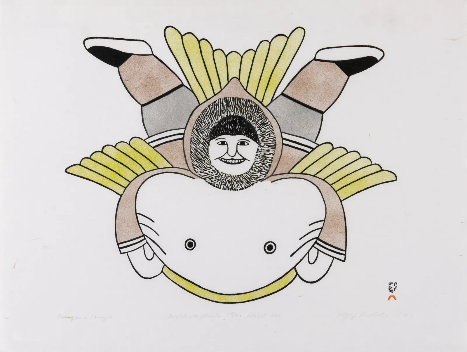 MARY PUDLAT (1923-2001) KINNGAIT (CAPE DORSET), Riding on a Kanayuk, 1980 #25