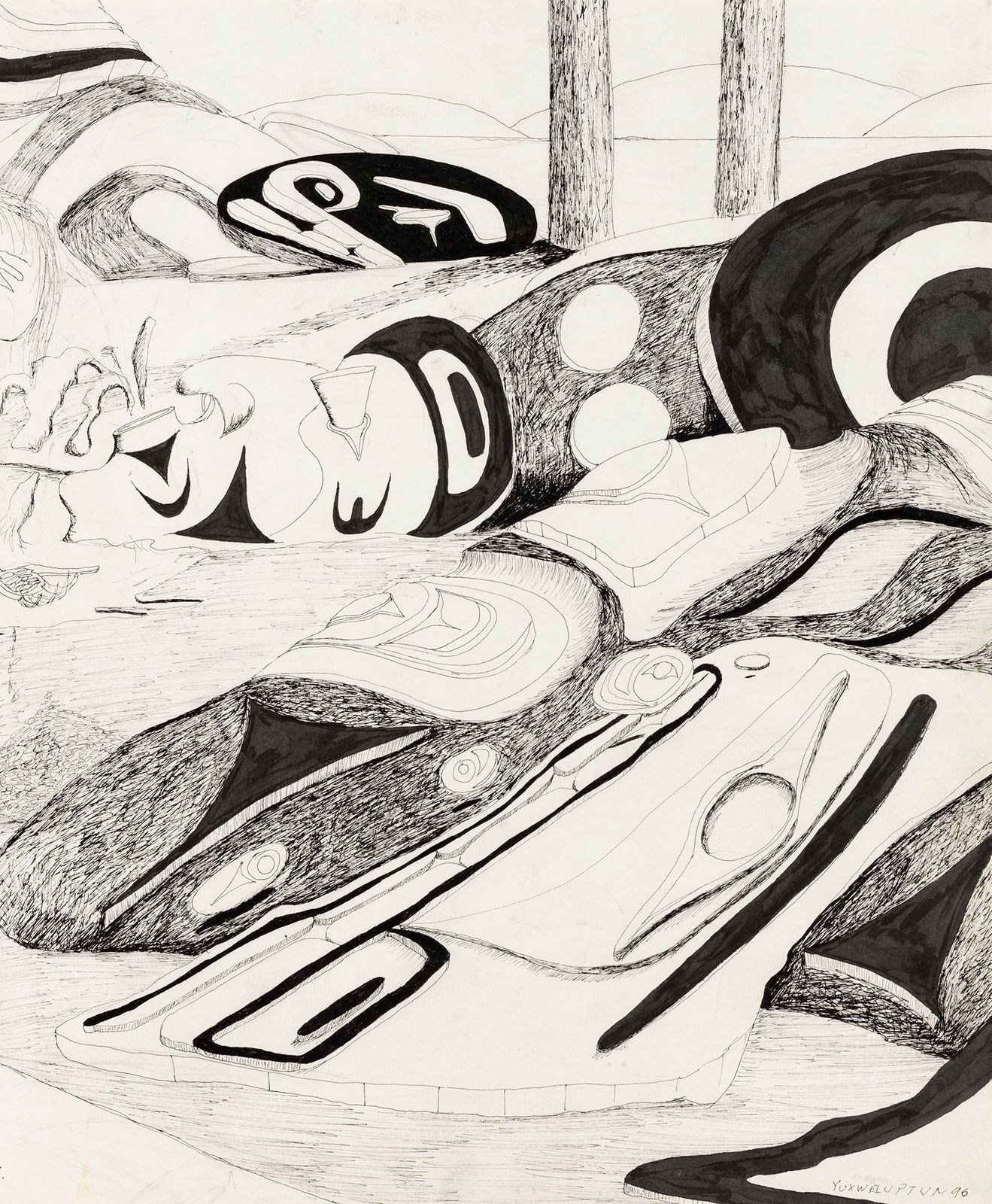 LAWRENCE PAUL YUXWELUPTUN (1957-) COAST SALISH / OKANAGAN, COWICHAN / SYILX FIRST NATIONS, Study for Right Half of “The Impending Nisga'a Deal, Last Stand, Chump Change", 1996