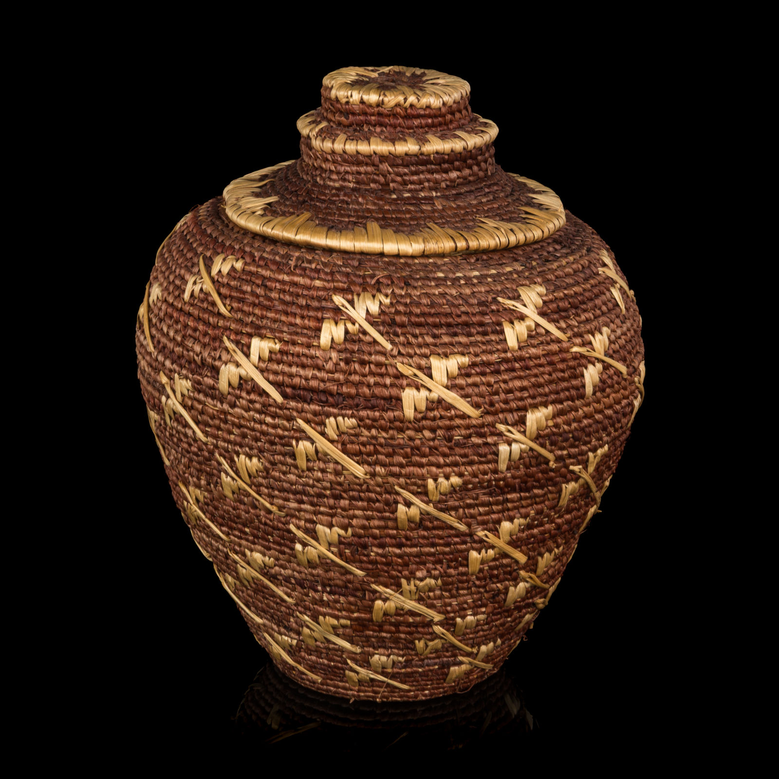 Attributed to NEVA MATHIAS (1958- ) CUP’IK, CHEVAK, ALASKA, Woven Lidded Basket with Dragonfly Design, c. 2000