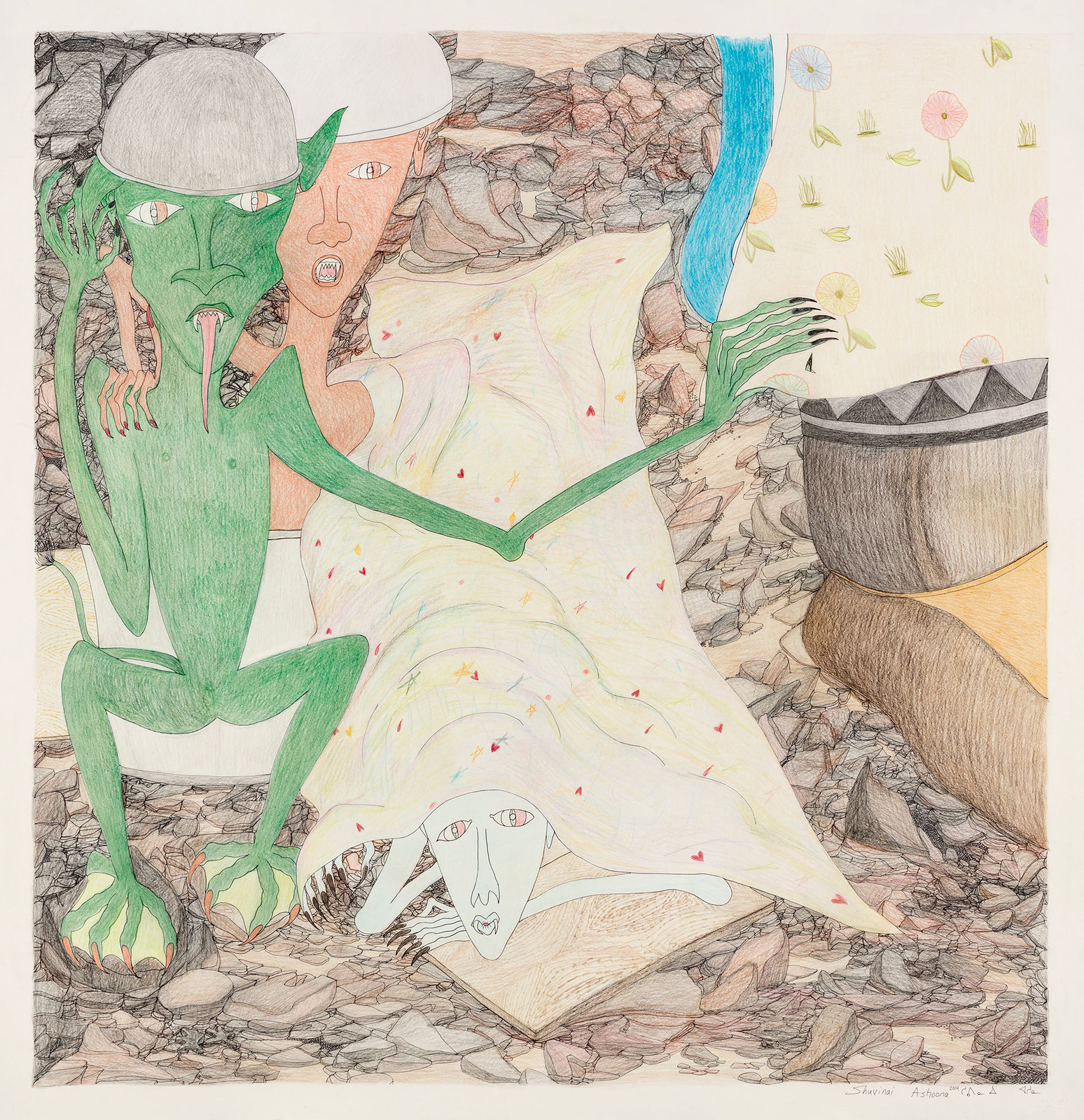 SHUVINAI ASHOONA (1961-) KINNGAIT (CAPE DORSET), Untitled (Monsters at the Foot of a Woman), 2014
