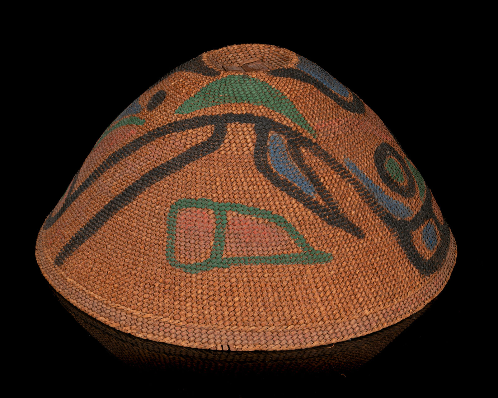 UNIDENTIFIED NUU-CHAH-NULTH or MAKAH ARTIST, Painted Rain Hat with Bubble Feeding Baleen Humpback Whale Design, c. 1920s or 1930s