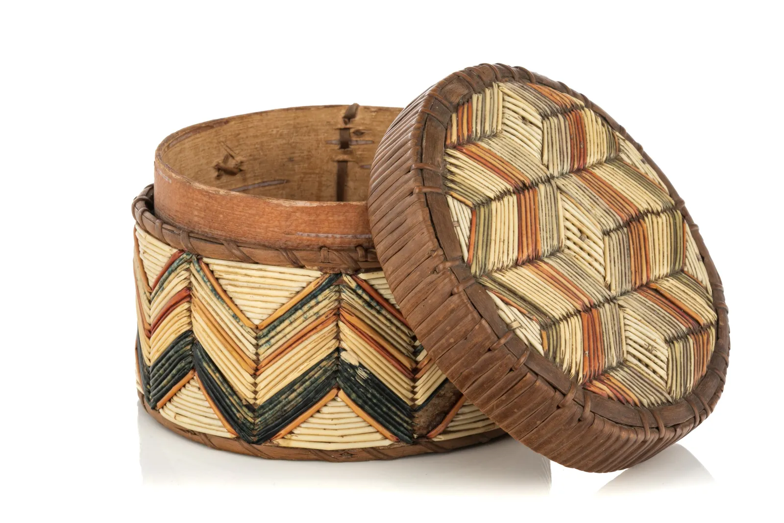 UNIDENTIFIED MI'KMAQ ARTIST, Circular Lidded Quill Trinket Box, c. 1850