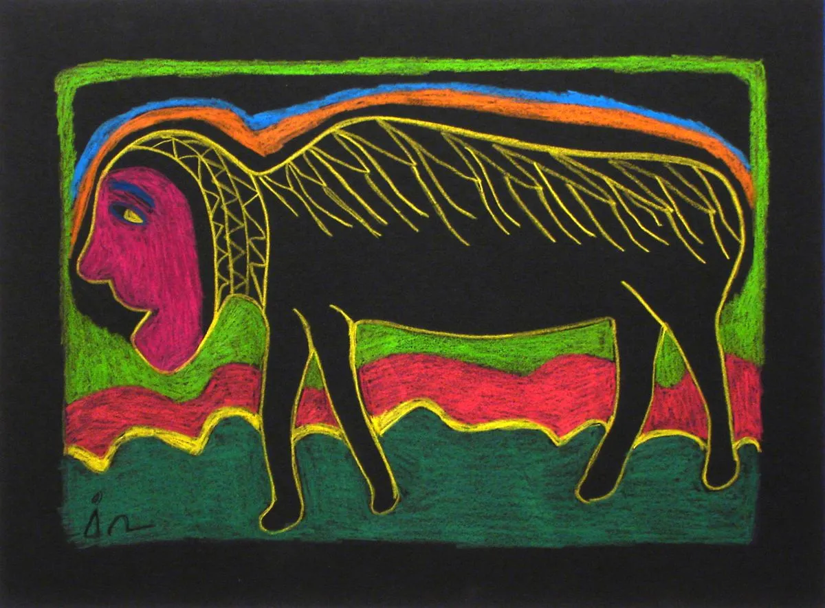 IRENE AVAALAAQIAQ TIKTAALAAQ (1941-) QAMANI'TUAQ (BAKER LAKE), Human / Muskox in a Landscape, 2005