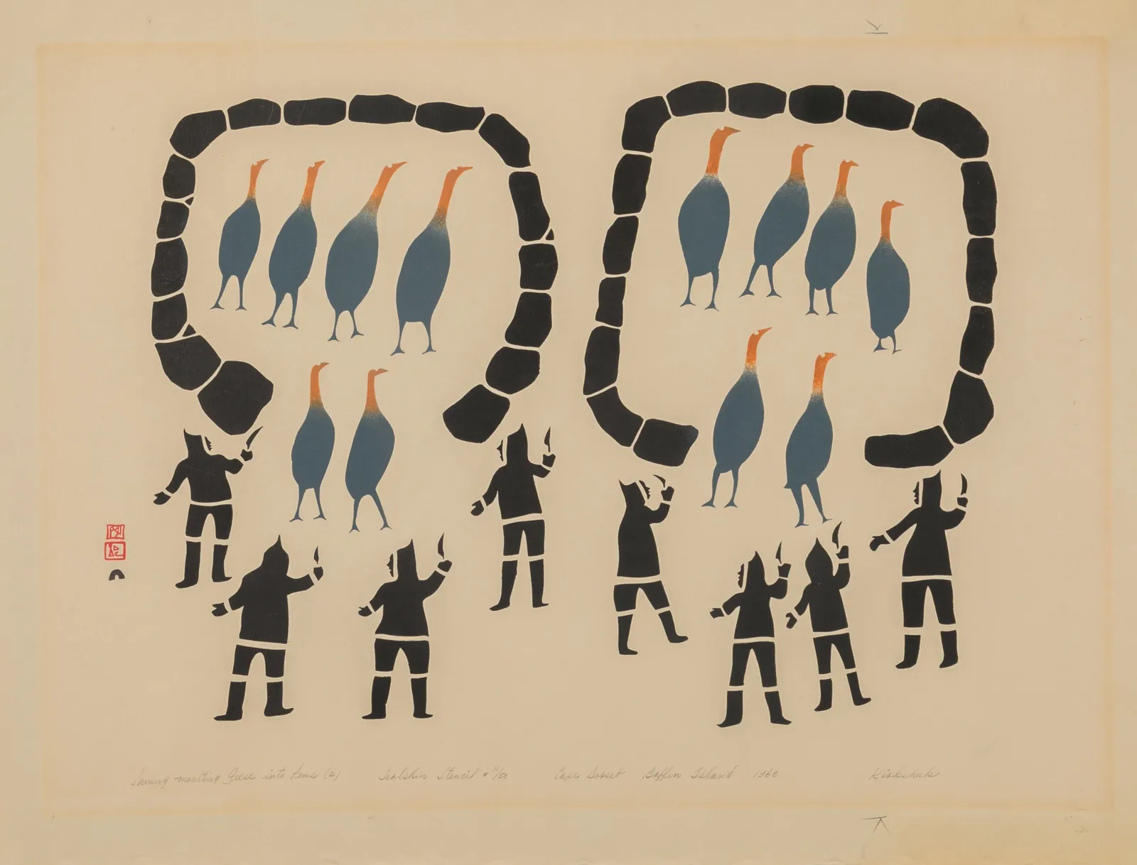 KIAKSHUK (1886-1966) KINNGAIT (CAPE DORSET), Driving Moulting Geese into Stone Pens (2), 1960 (Dorset Series)
