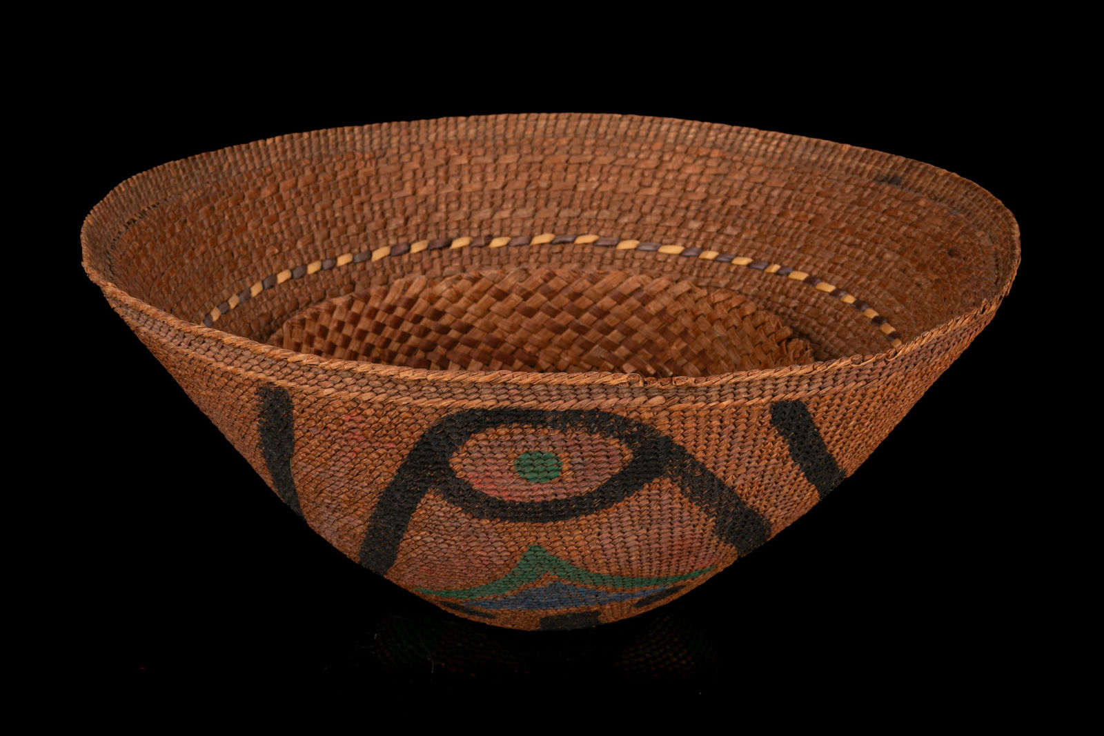 UNIDENTIFIED NUU-CHAH-NULTH or MAKAH ARTIST, Painted Rain Hat with Bubble Feeding Baleen Humpback Whale Design, c. 1920s or 1930s