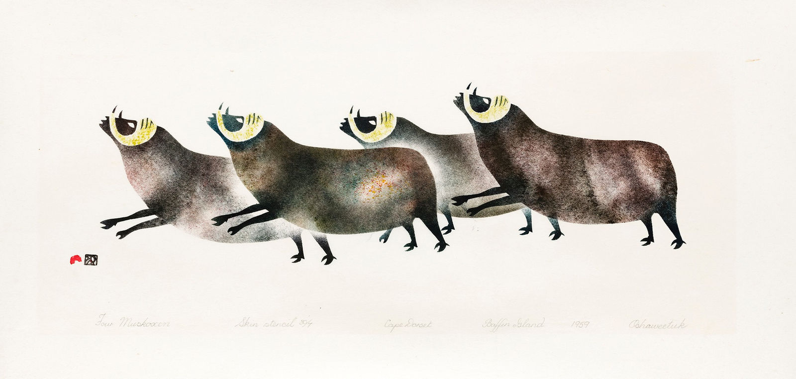 OSUITOK IPEELEE, R.C.A. (1922 or 1923-2005) KINNGAIT (CAPE DORSET), Four Muskoxen, 1959 #18