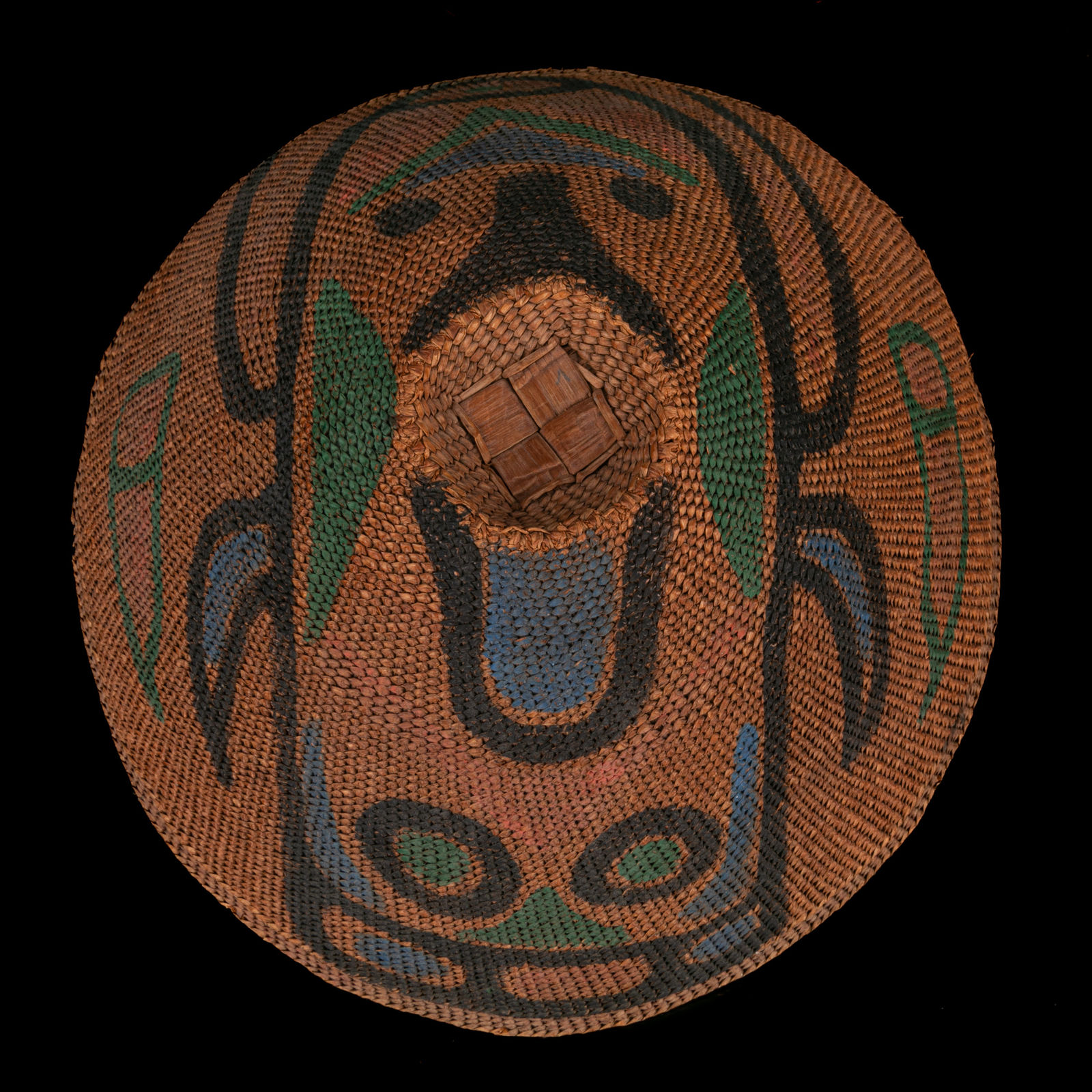 UNIDENTIFIED NUU-CHAH-NULTH or MAKAH ARTIST, Painted Rain Hat with Bubble Feeding Baleen Humpback Whale Design, c. 1920s or 1930s