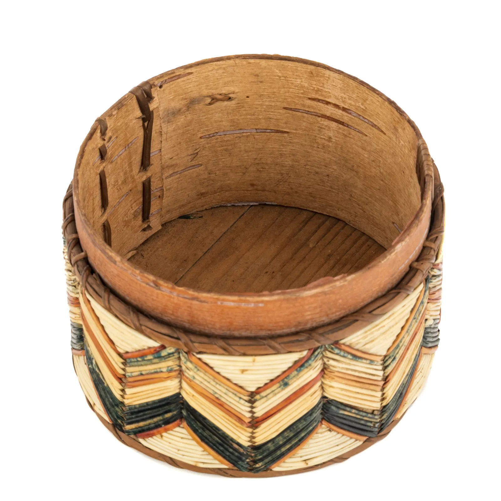 UNIDENTIFIED MI'KMAQ ARTIST, Circular Lidded Quill Trinket Box, c. 1850