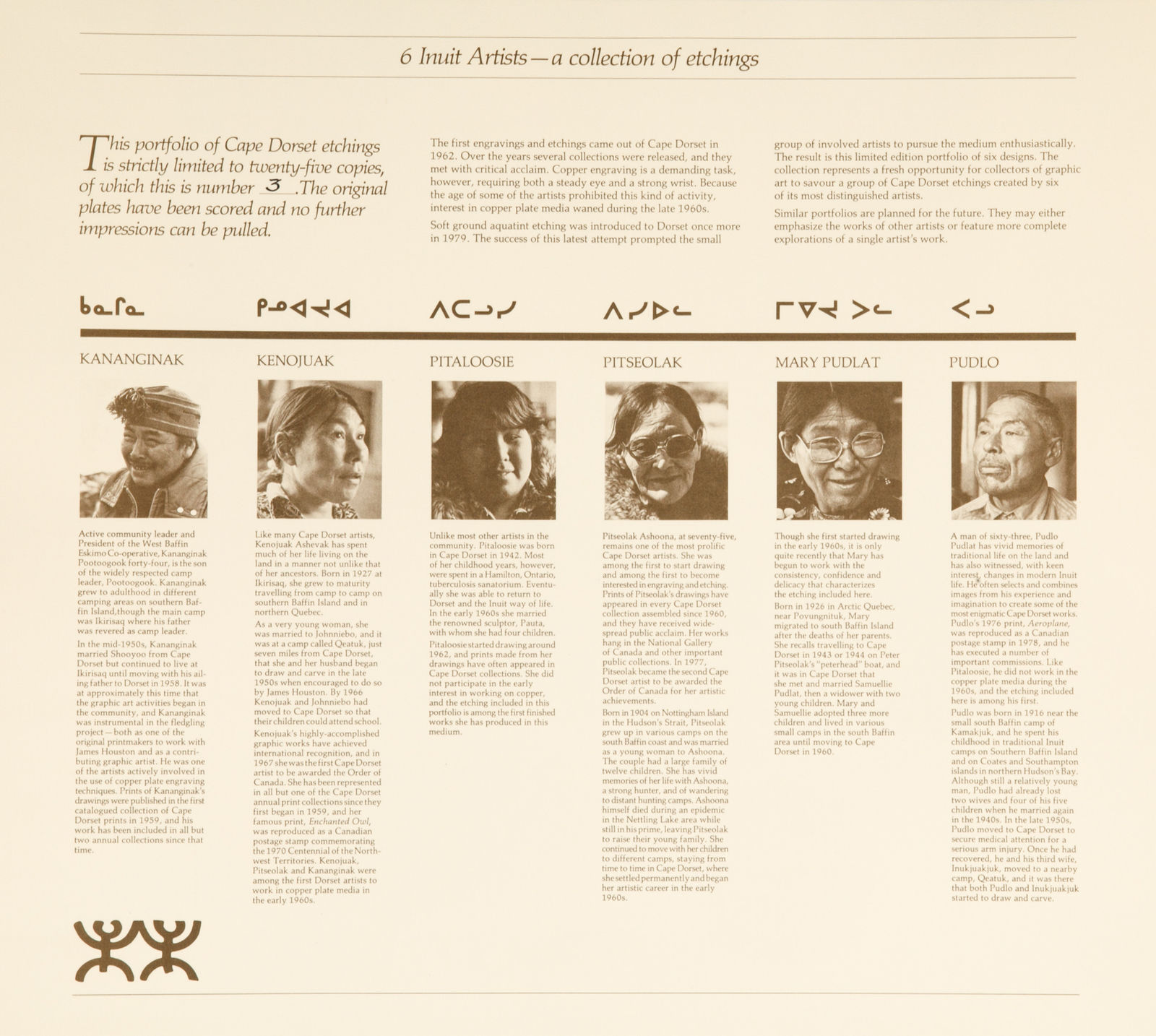 SIX ARTISTS FROM KINNGAIT (CAPE DORSET), 6 Inuit Artists: A Collection of Etchings (Suite), 1979/80 (Special Release)