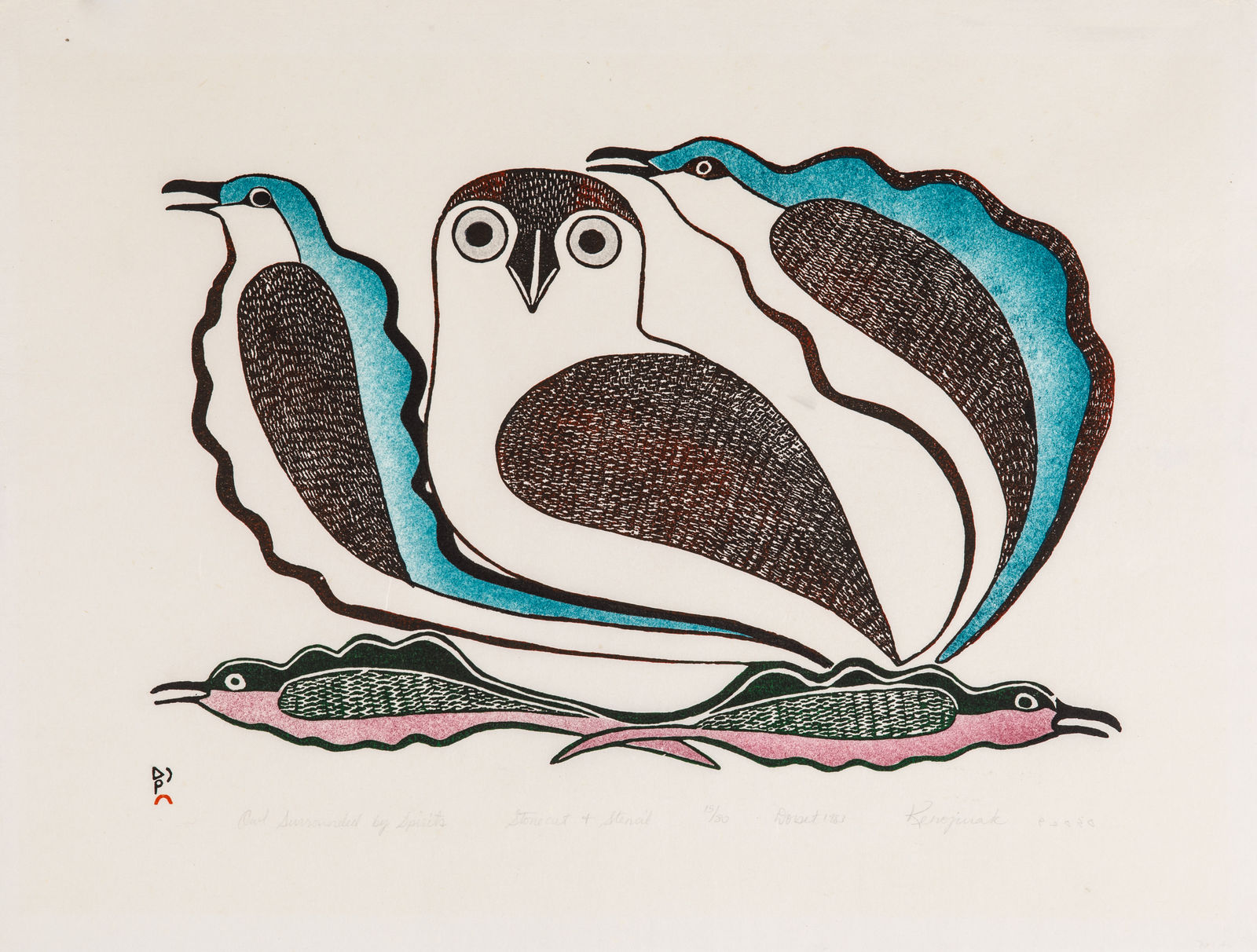 KENOJUAK ASHEVAK, C.C., R.C.A. (1927-2013) KINNGAIT (CAPE DORSET), Owl Surrounded by Spirits, 1983 #14