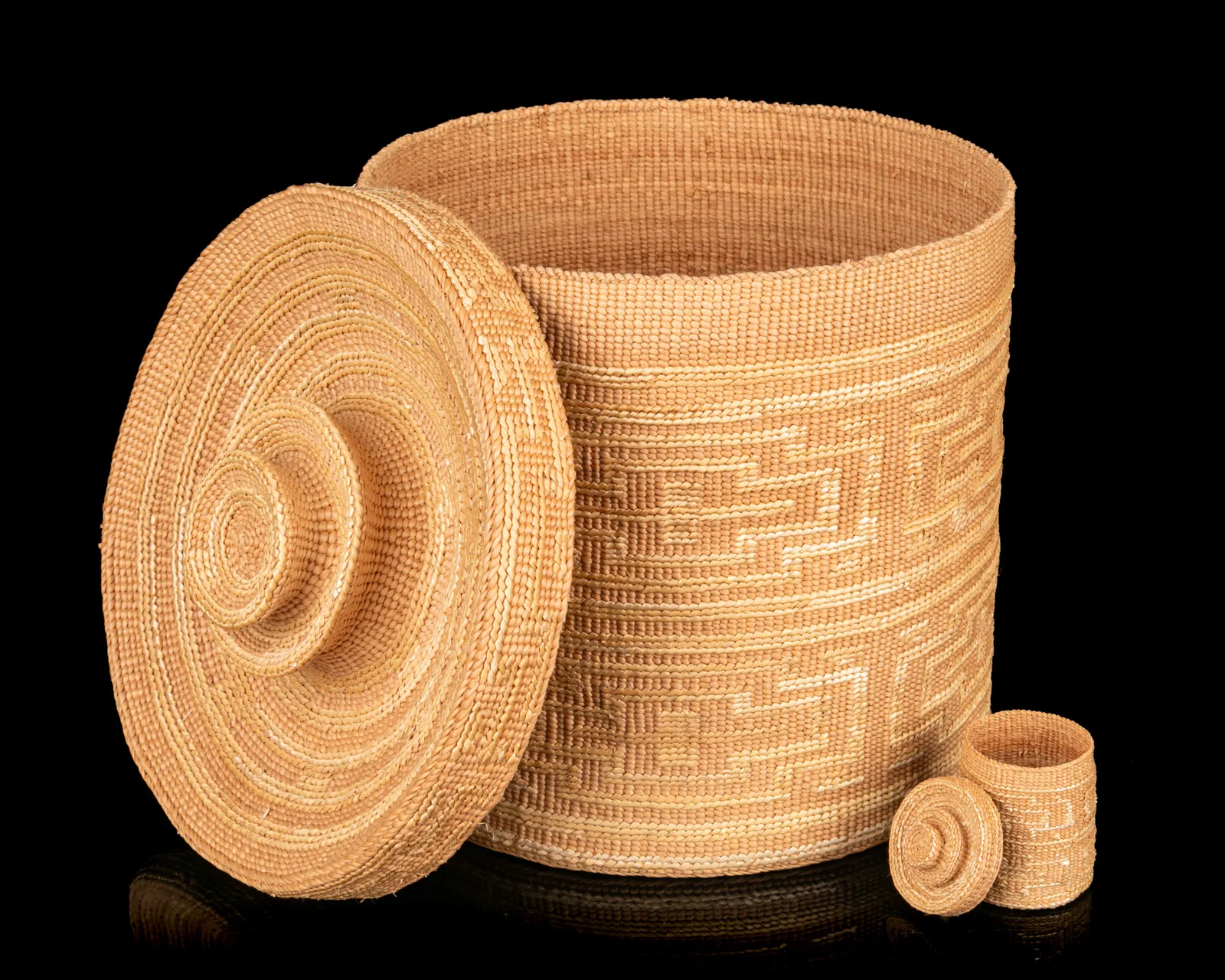 ISABEL RORICK (1955-) HAIDA, OLD MASSET, HAIDA GWAII, Large and Miniature Rattle Top Baskets, c. 1990s