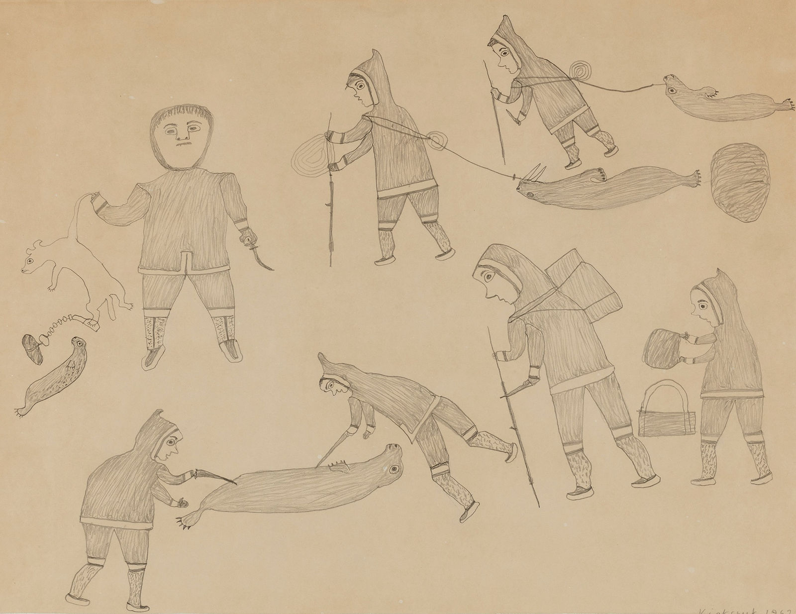 KIAKSHUK (1886-1966) KINNGAIT (CAPE DORSET), Hunting Scenes, 1962
