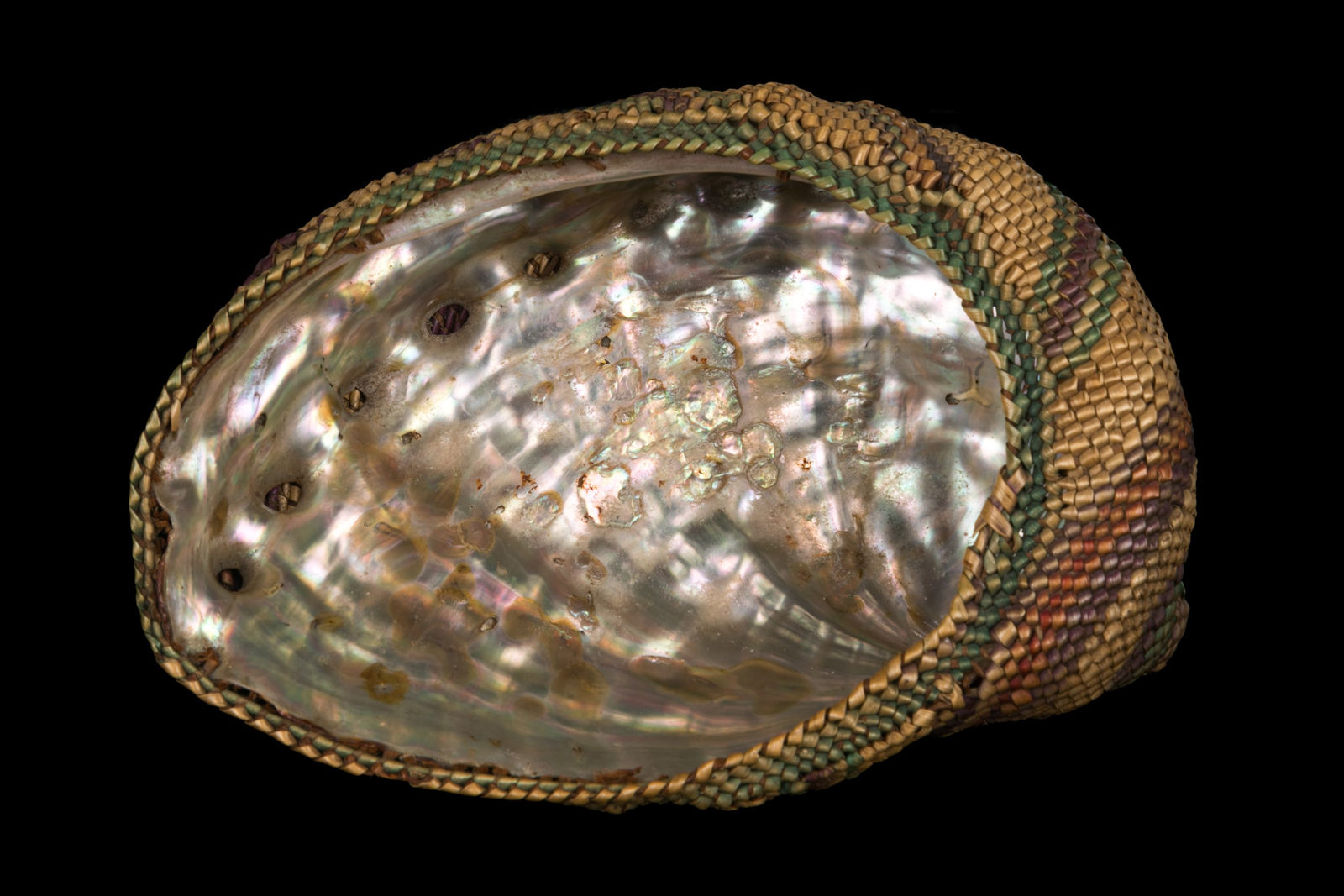 UNIDENTIFIED NUU-CHAH-NULTH or MAKAH ARTIST, Geometric Design Basketry Woven Abalone Shell, 1920s