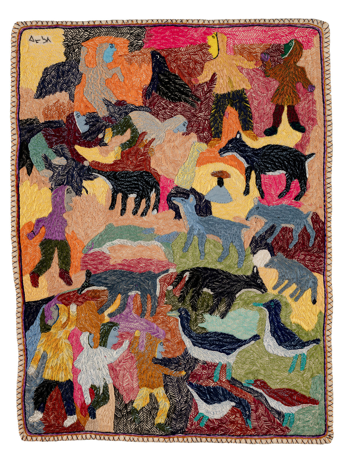 ELIZABETH ANGRNAQQUAQ (1916-2003) QAMANI'TUAQ (BAKER LAKE), Animals and People, 2000