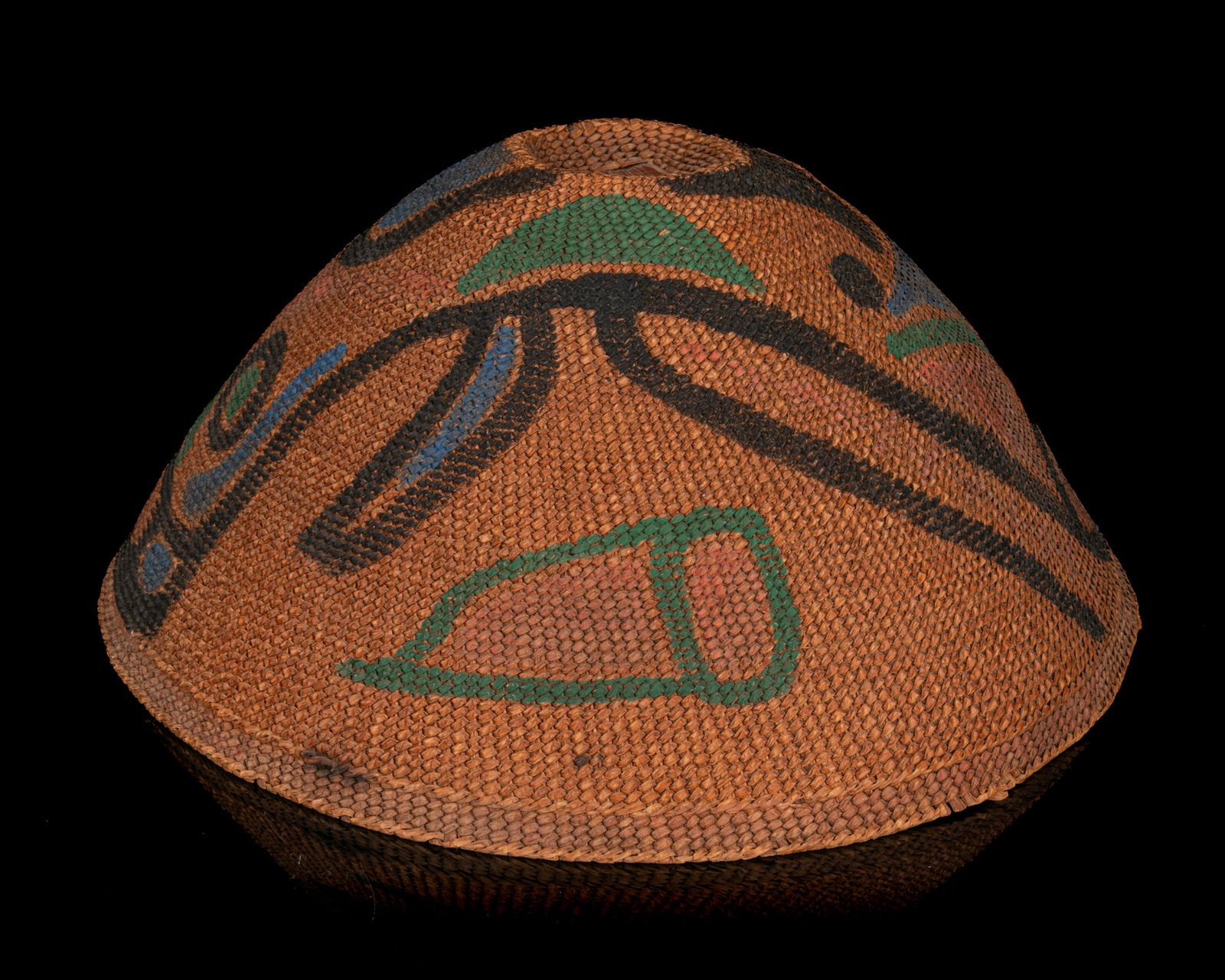 UNIDENTIFIED NUU-CHAH-NULTH or MAKAH ARTIST, Painted Rain Hat with Bubble Feeding Baleen Humpback Whale Design, c. 1920s or 1930s
