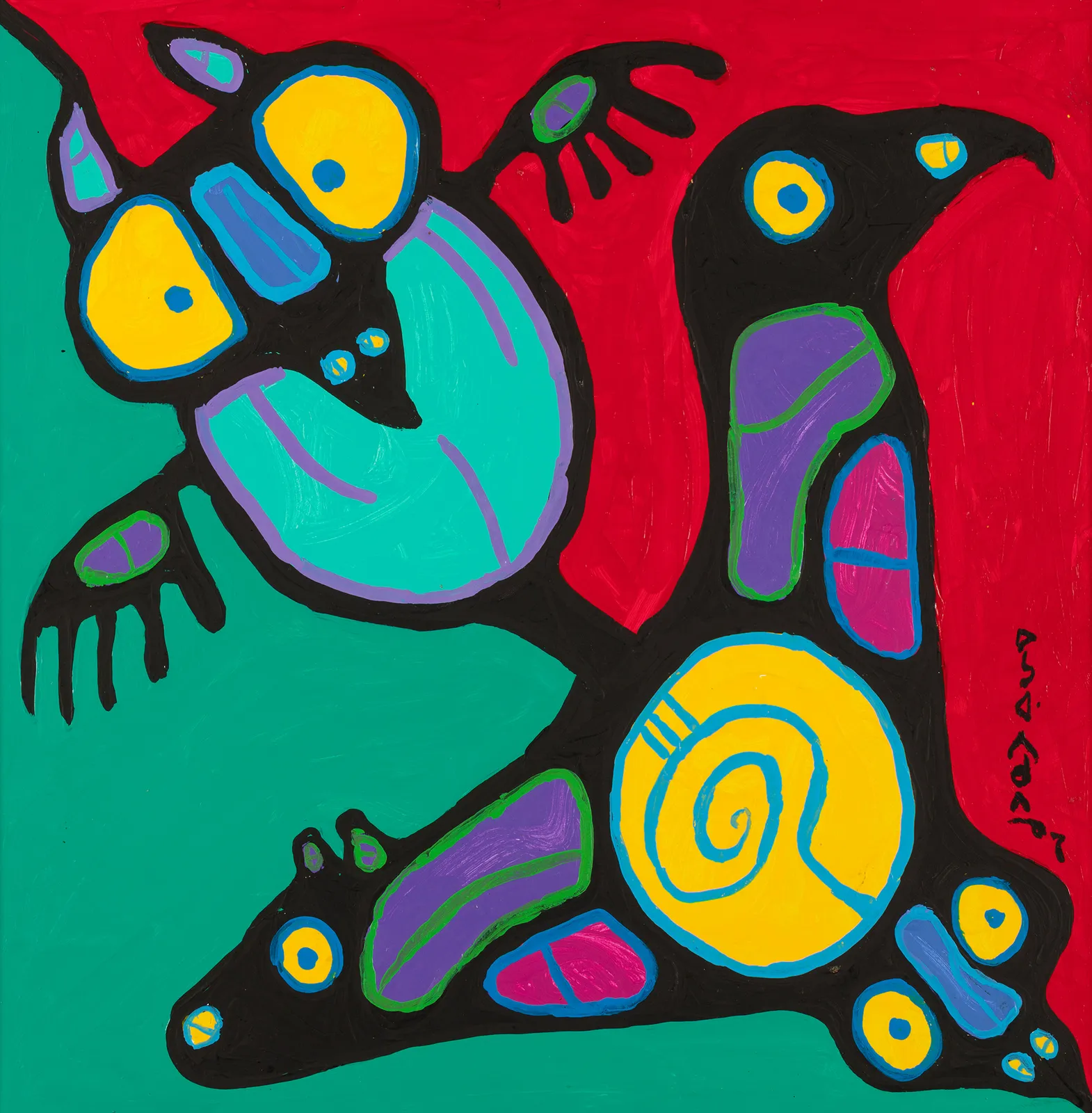 NORVAL MORRISSEAU, C.M. (1931-2007) ANISHINAABE, Bear, Owl, and Birds, c. 1998