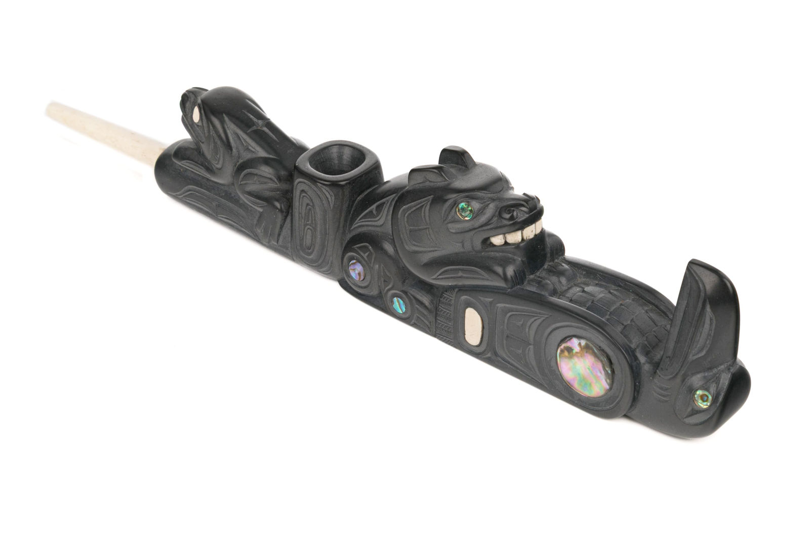 GLEN POLLARD (1957-) SKIDEGATE, HAIDA GWAII, Pipe with Raven, Bear, and Frog, 1990s