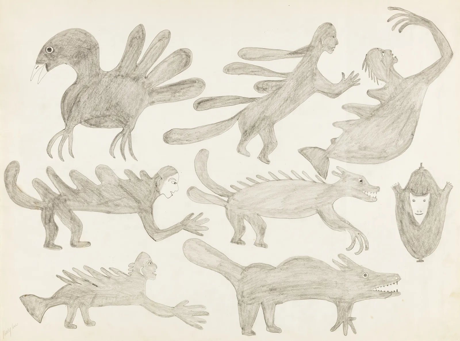 MARY IGIU (1925-1968) KINNGAIT (CAPE DORSET), Scene of Fantastic Beasts, c. 1960