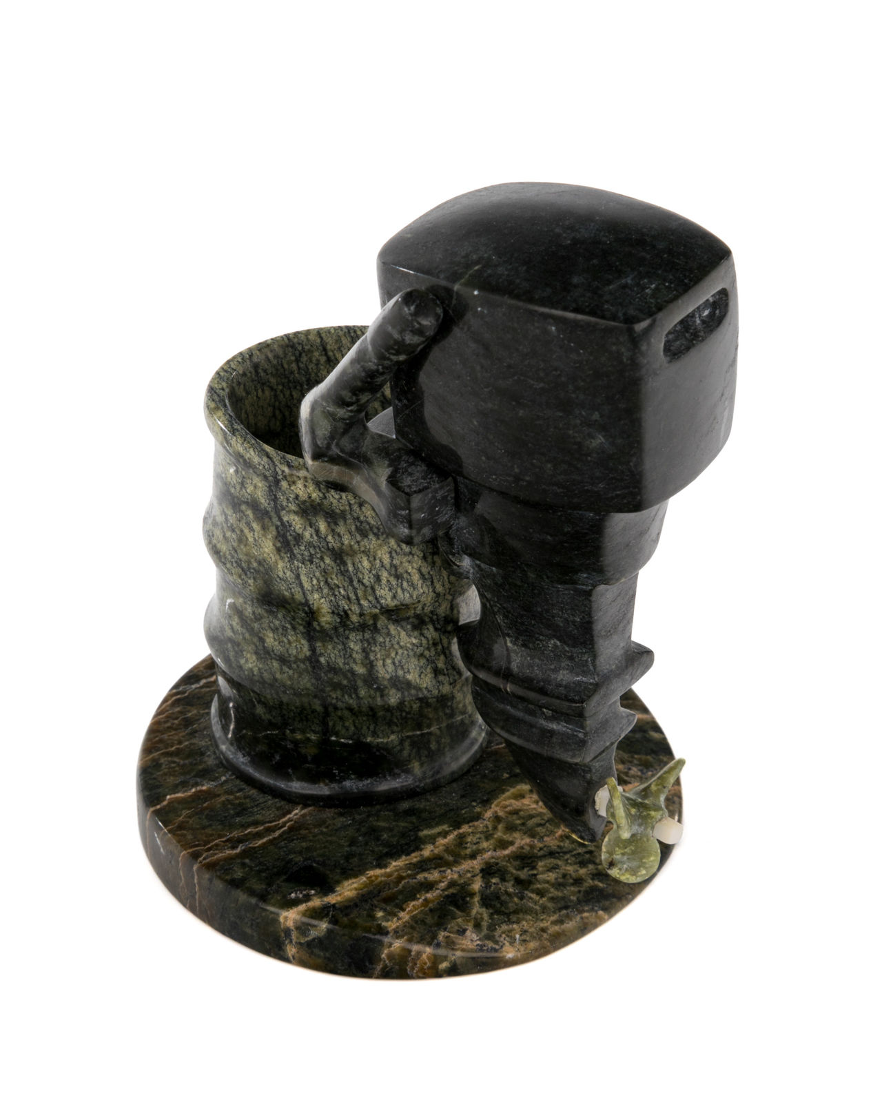 JAMASEE PITSEOLAK (1968-) KINNGAIT (CAPE DORSET), Servicing an Outboard Motor on a Barrel, 2000s