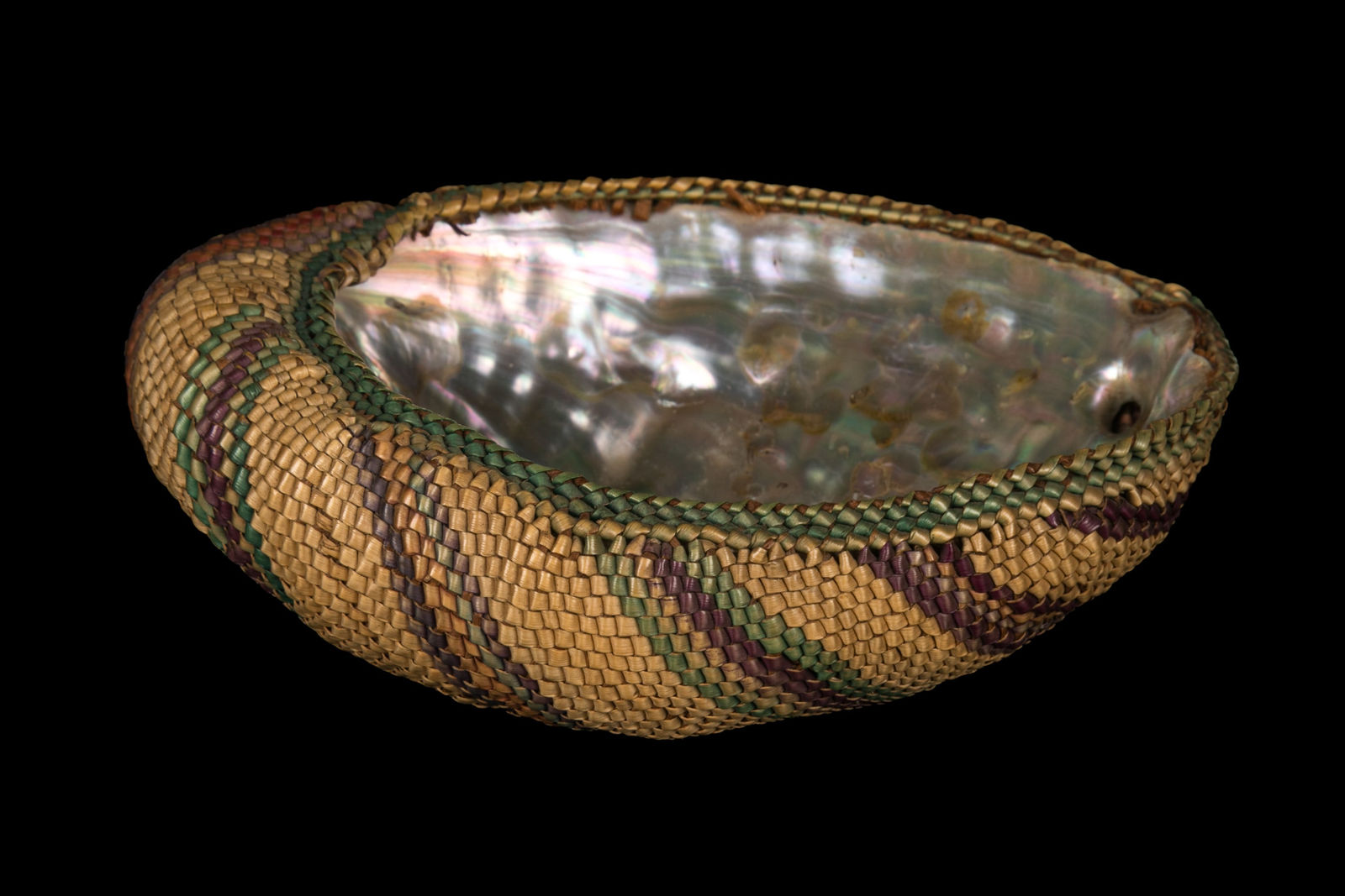 UNIDENTIFIED NUU-CHAH-NULTH or MAKAH ARTIST, Geometric Design Basketry Woven Abalone Shell, 1920s