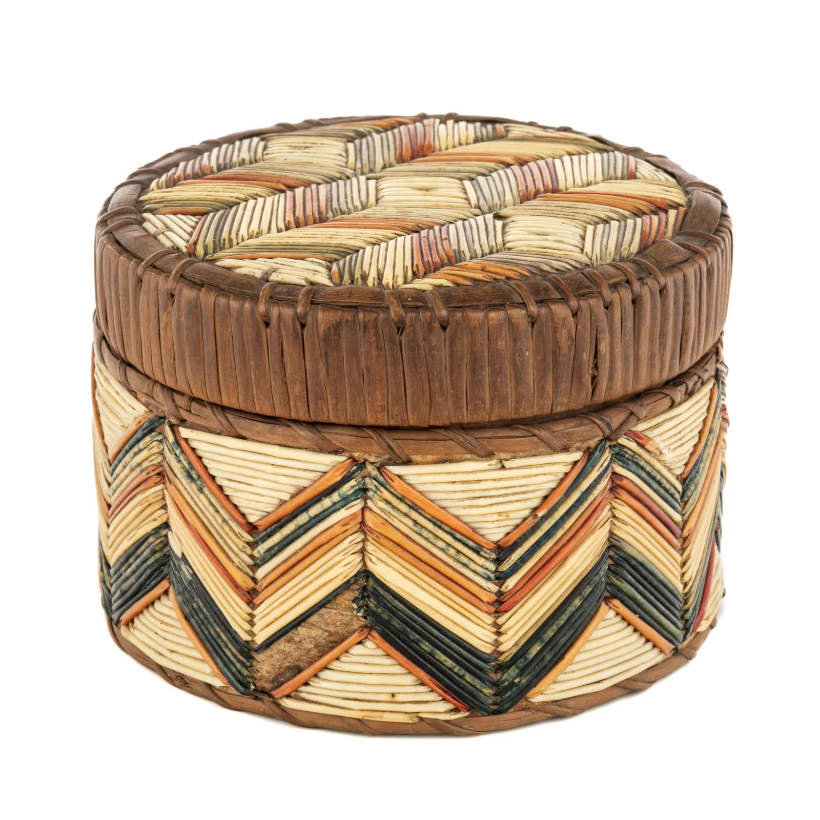 UNIDENTIFIED MI'KMAQ ARTIST, Circular Lidded Quill Trinket Box, c. 1850