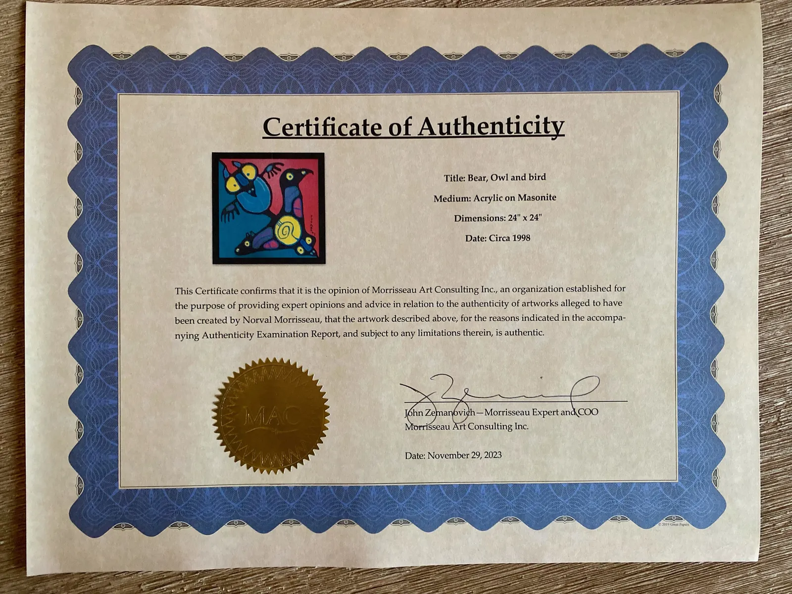 NORVAL MORRISSEAU, C.M. (1931-2007) ANISHINAABE, Bear, Owl, and Birds, c. 1998