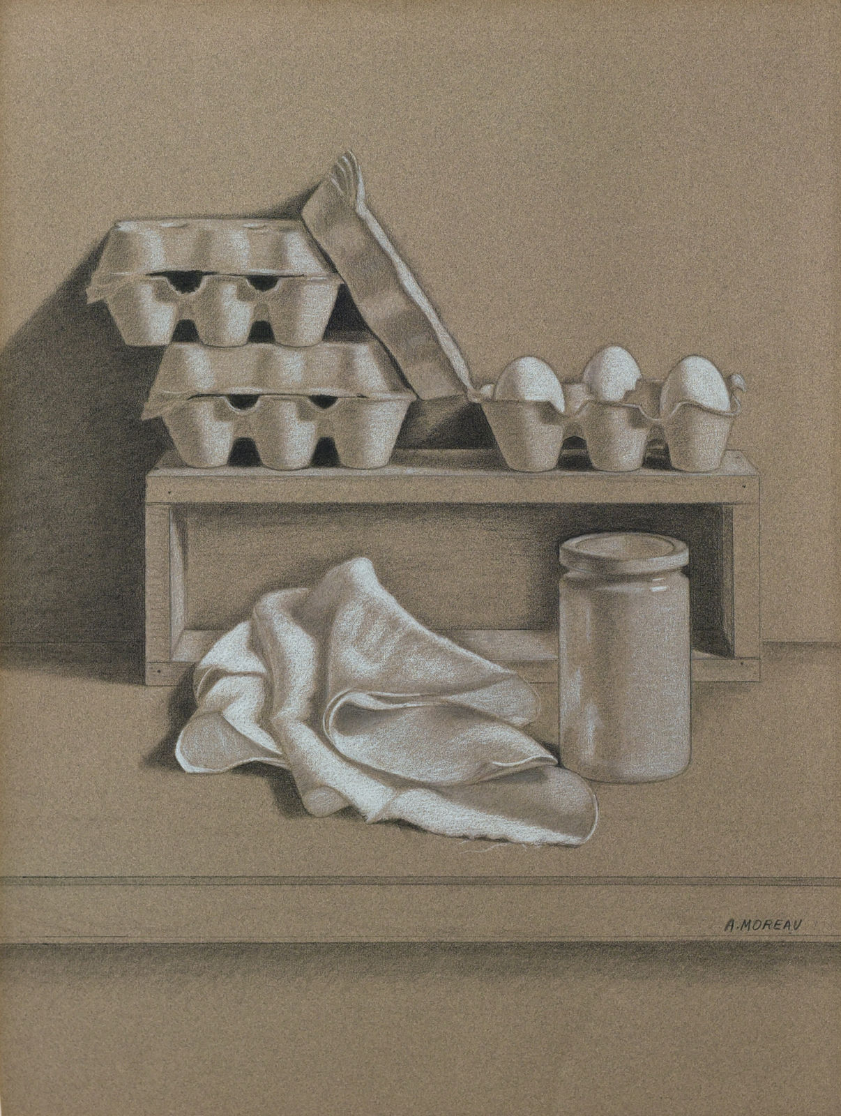 Aimée Moreau, Boîte à œufs, bocal et chiffon, ca. 1980
