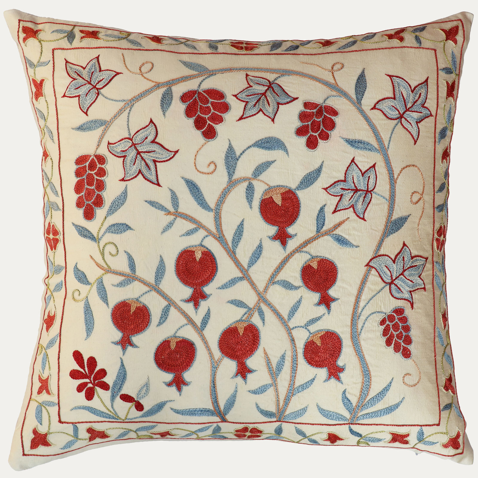 Unique Suzani Cushion with Silk Hand Embroidered Pomegranate Motifs on Silk & Cotton Base Cloth