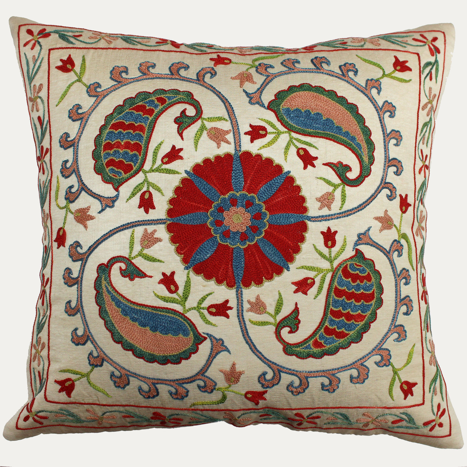 Suzani Hand Embroidered Silk Cushion with Feather & Down Pad