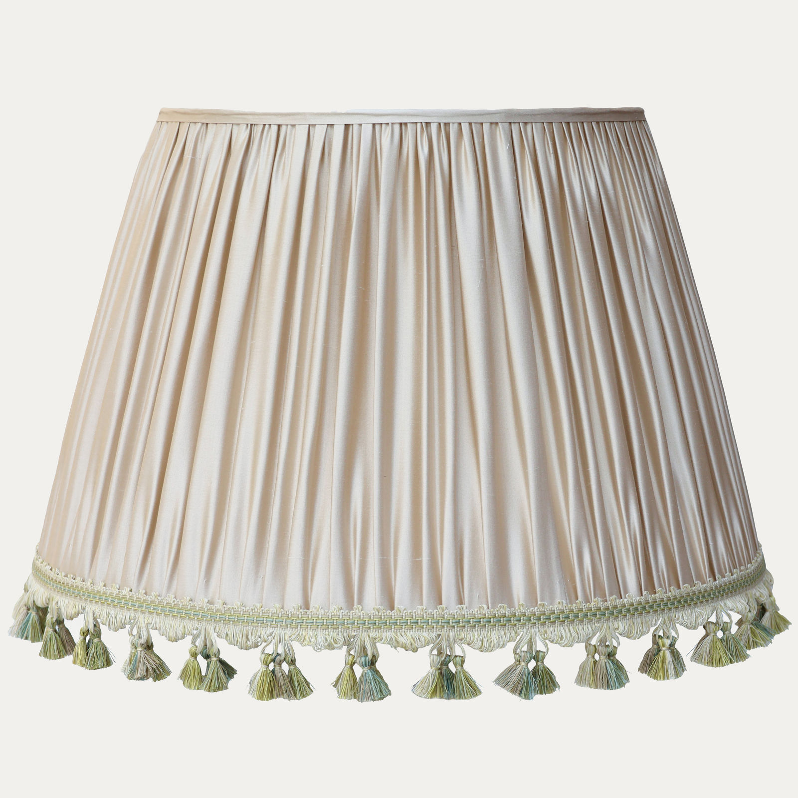 Douppion Putty Silk Handsewn Gathered Shade with Mimosa Tassel Trim