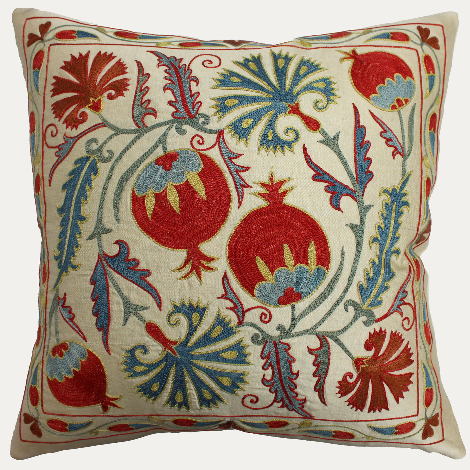 Suzani Hand Embroidered Silk Cushion with Feather & Down Pad